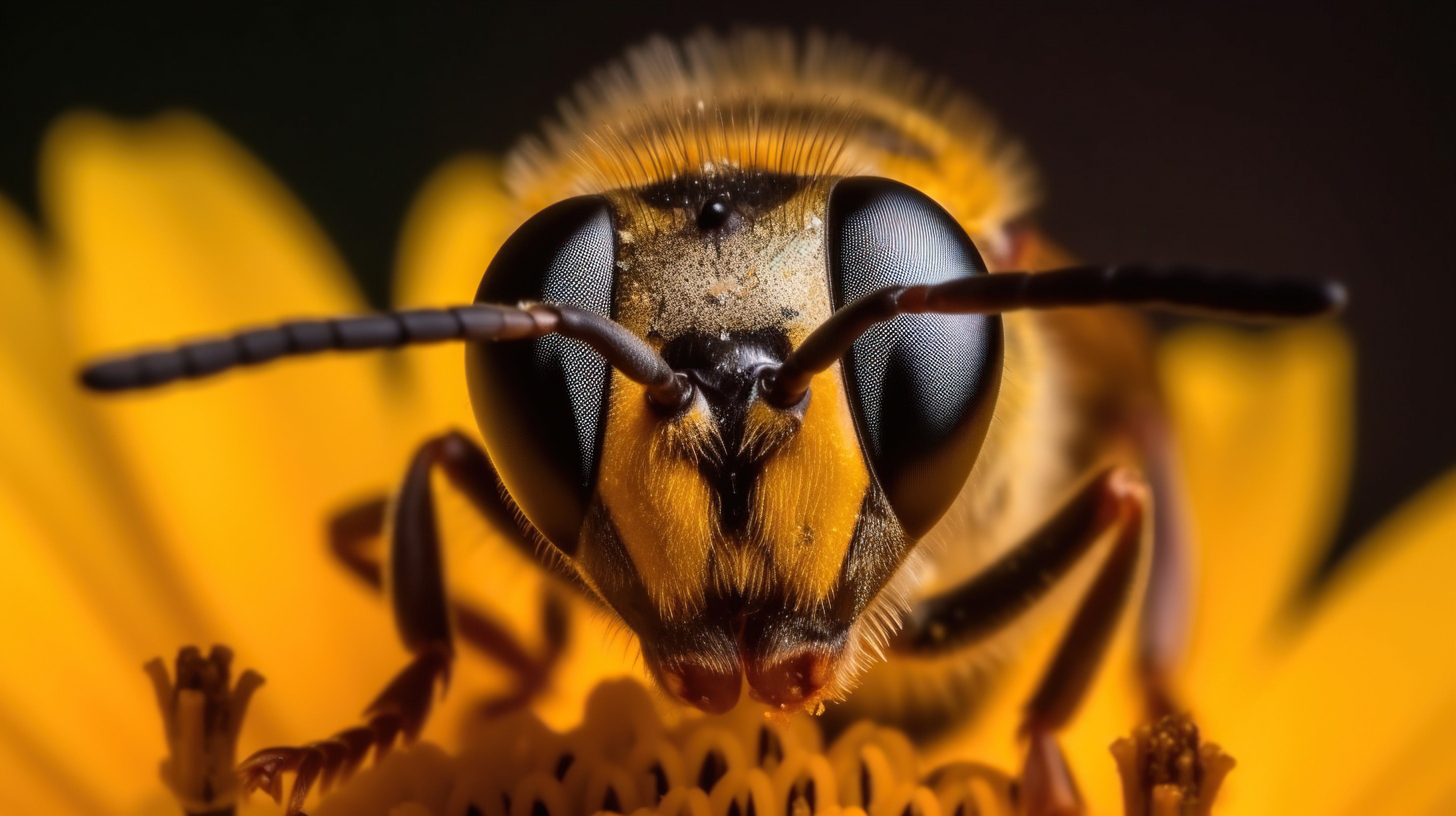 Close-up shot head of a honey bee sitting on the yellow flower