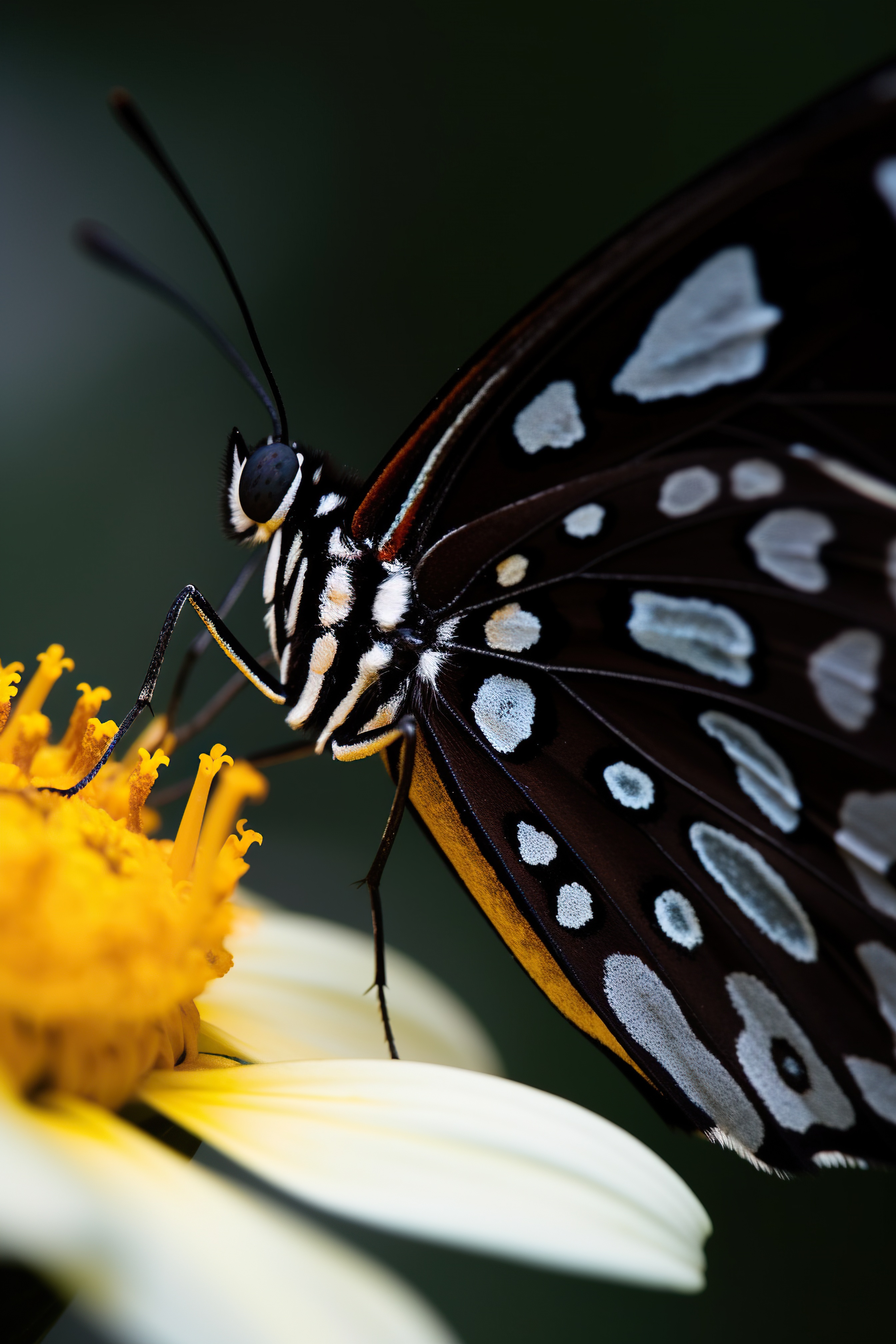 Close-up shot of a beautiful black butterfly sitting on a white flower