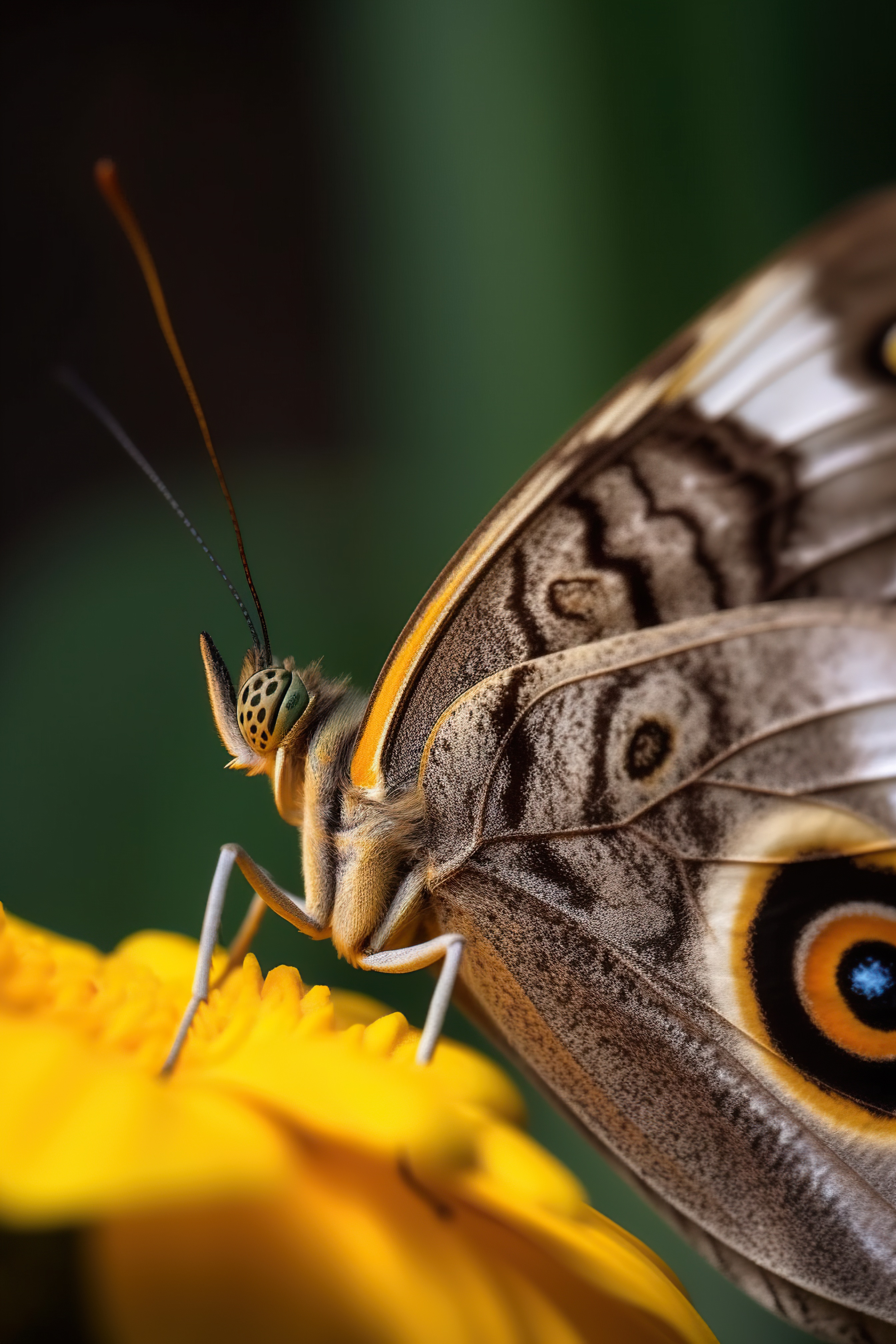 Close-up shot of a beautiful butterfly sitting on a yellow flower