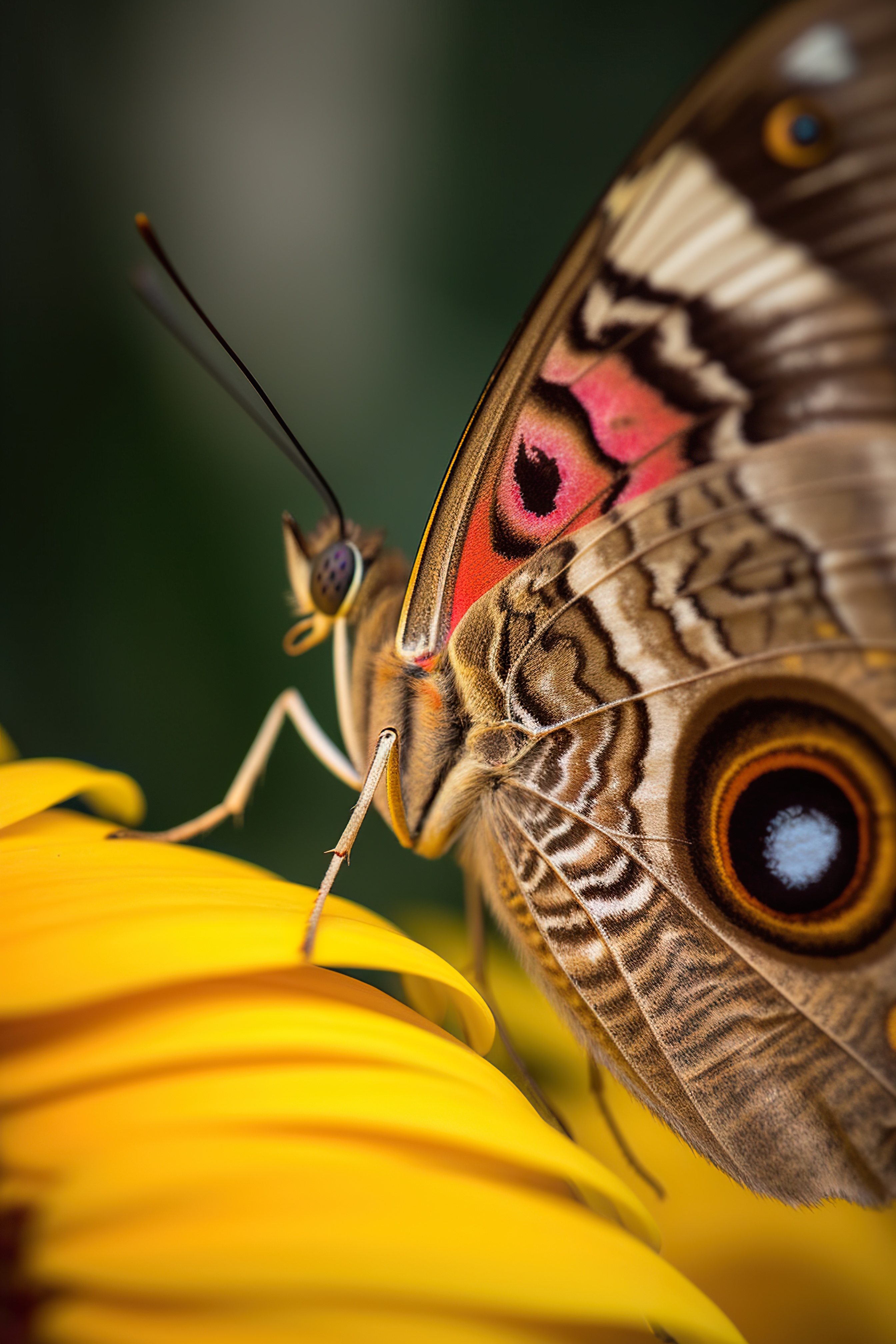 Close-up shot of a beautiful butterfly sitting on a yellow flower