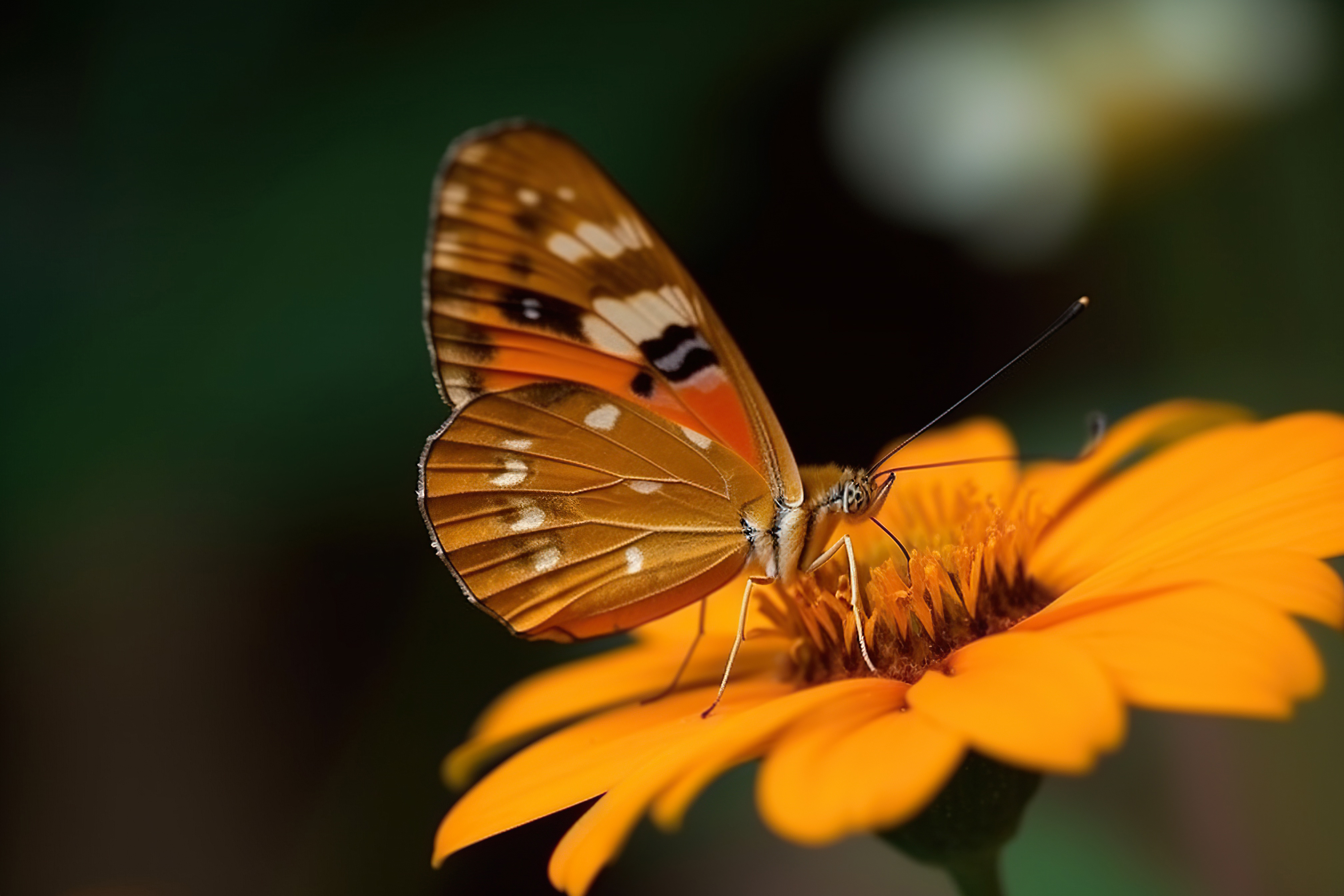 Close-up shot of a beautiful butterfly sitting on a yellow flower