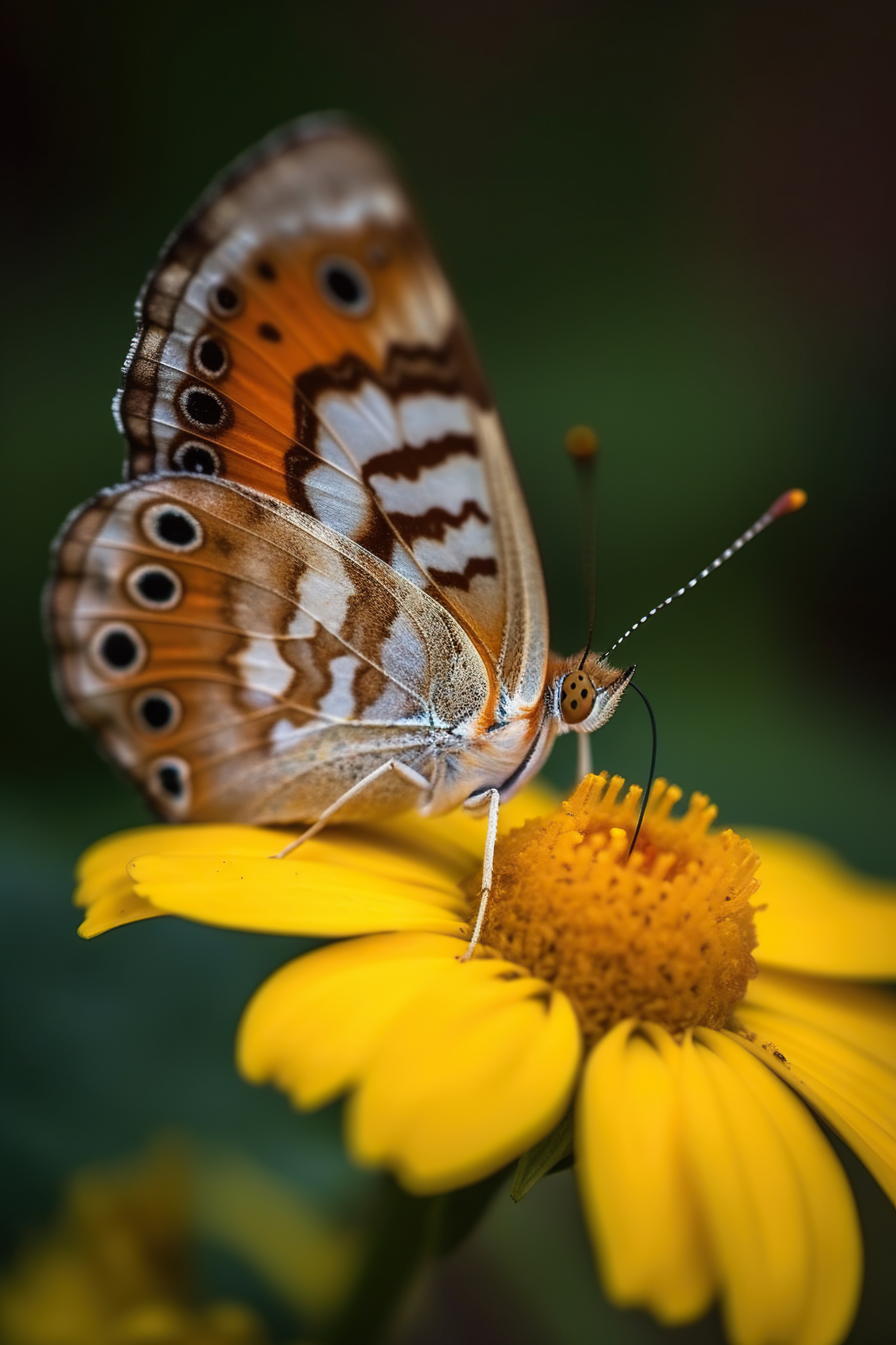 Close-up shot of a beautiful butterfly sitting on a yellow flower