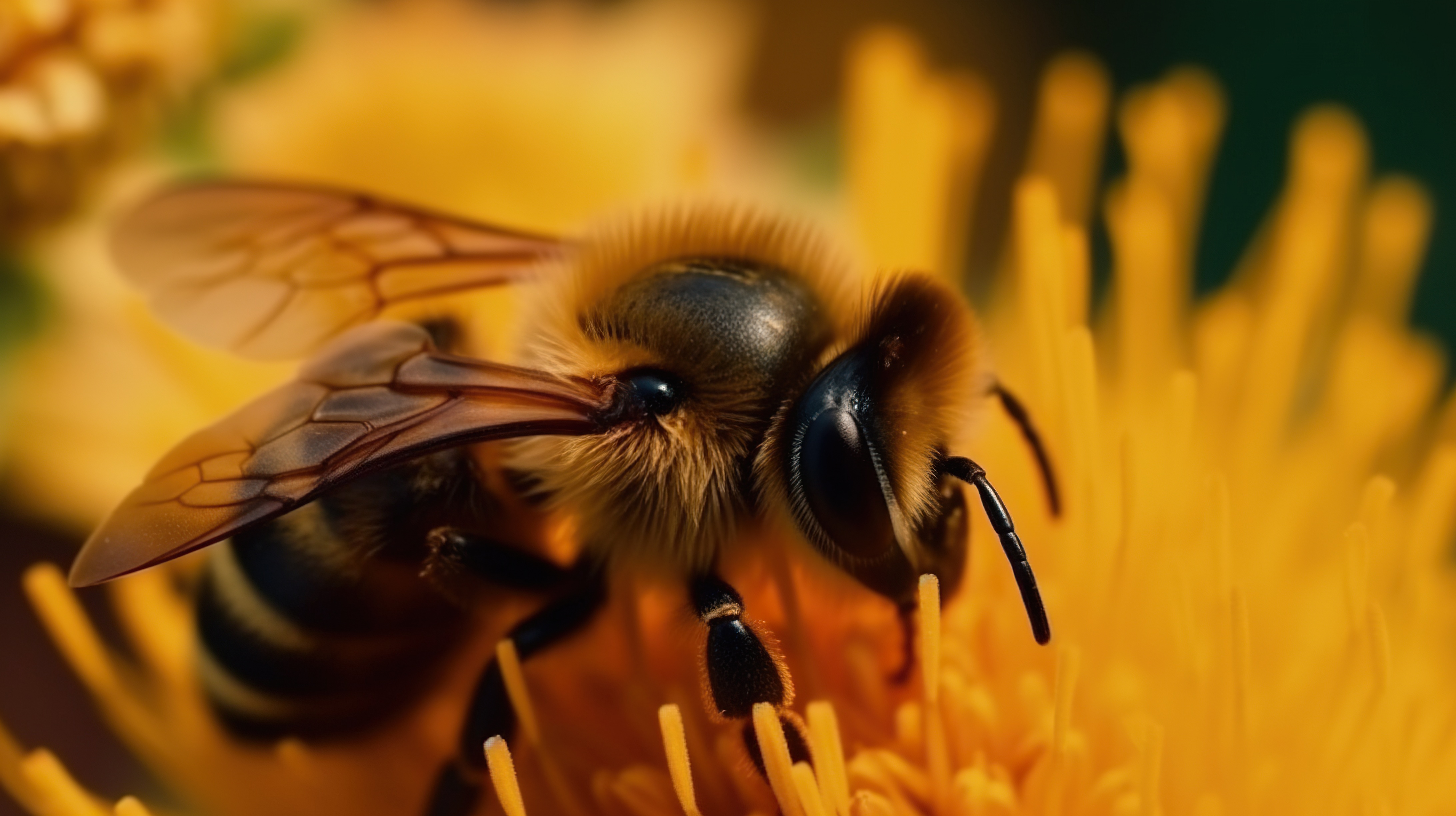 Close-up shot of a honey bee sitting on the yellow flower