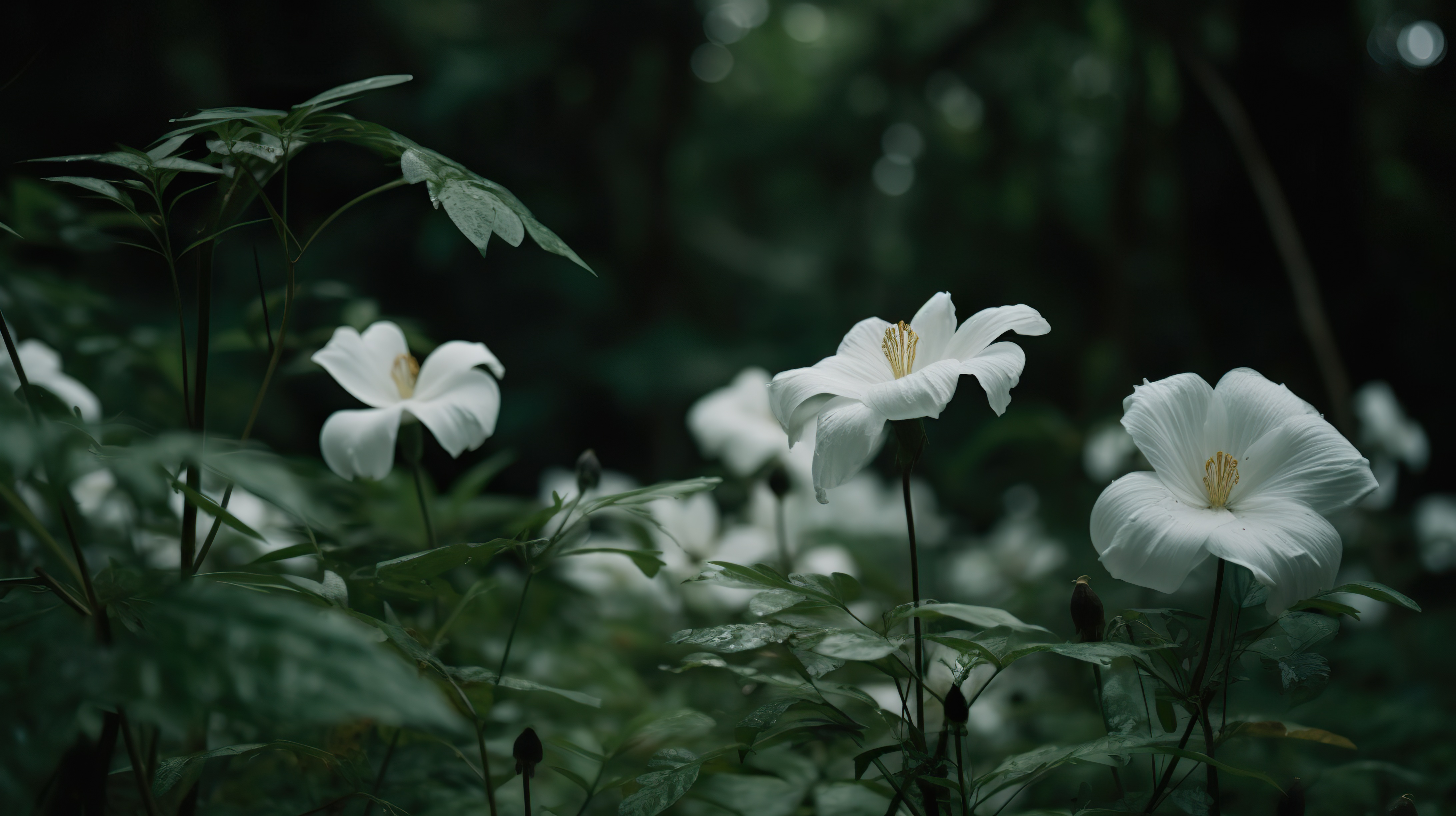 Close-up shot of beautiful white flowers in jungle