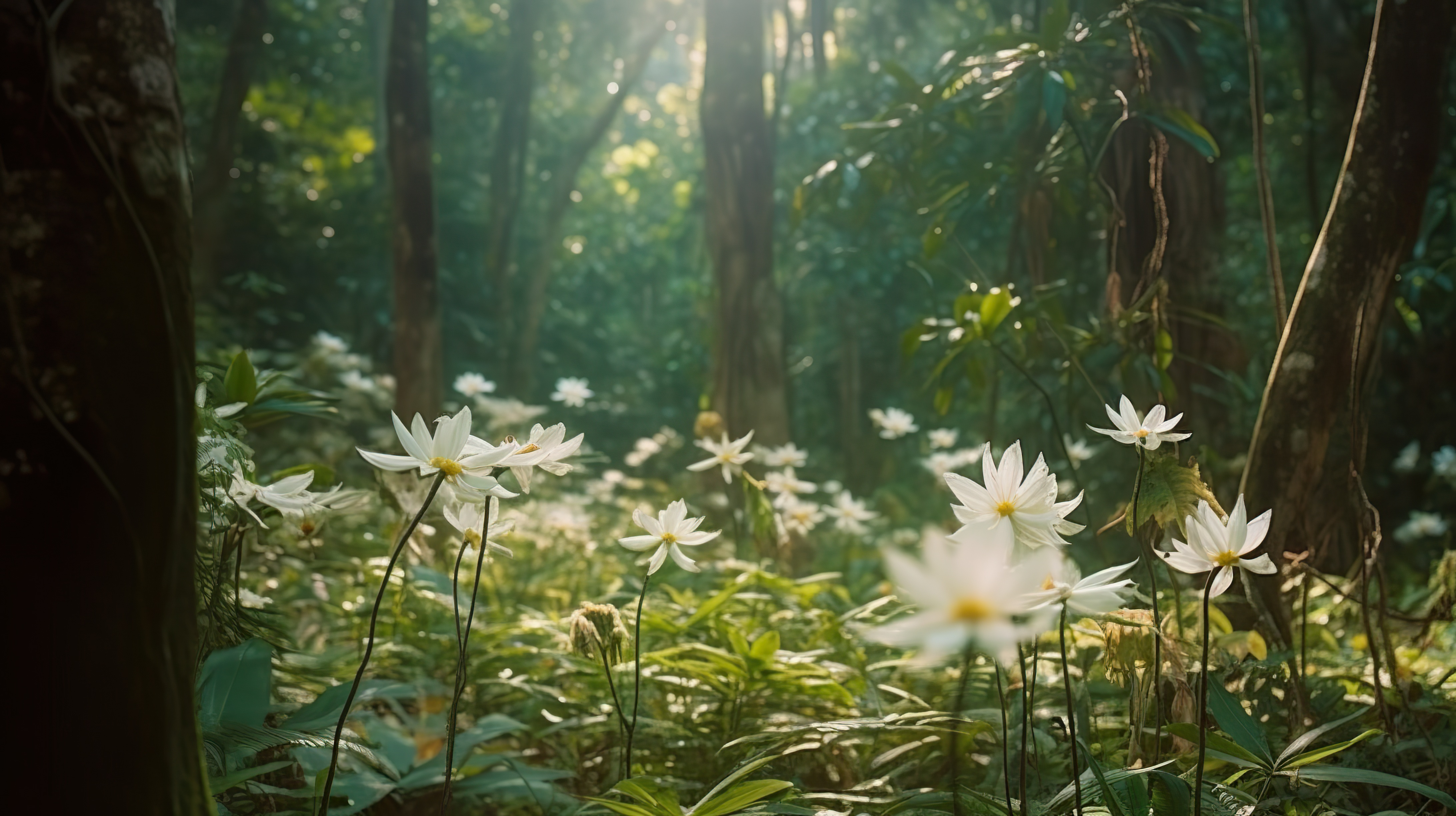 Close-up shot of beautiful white flowers in jungle