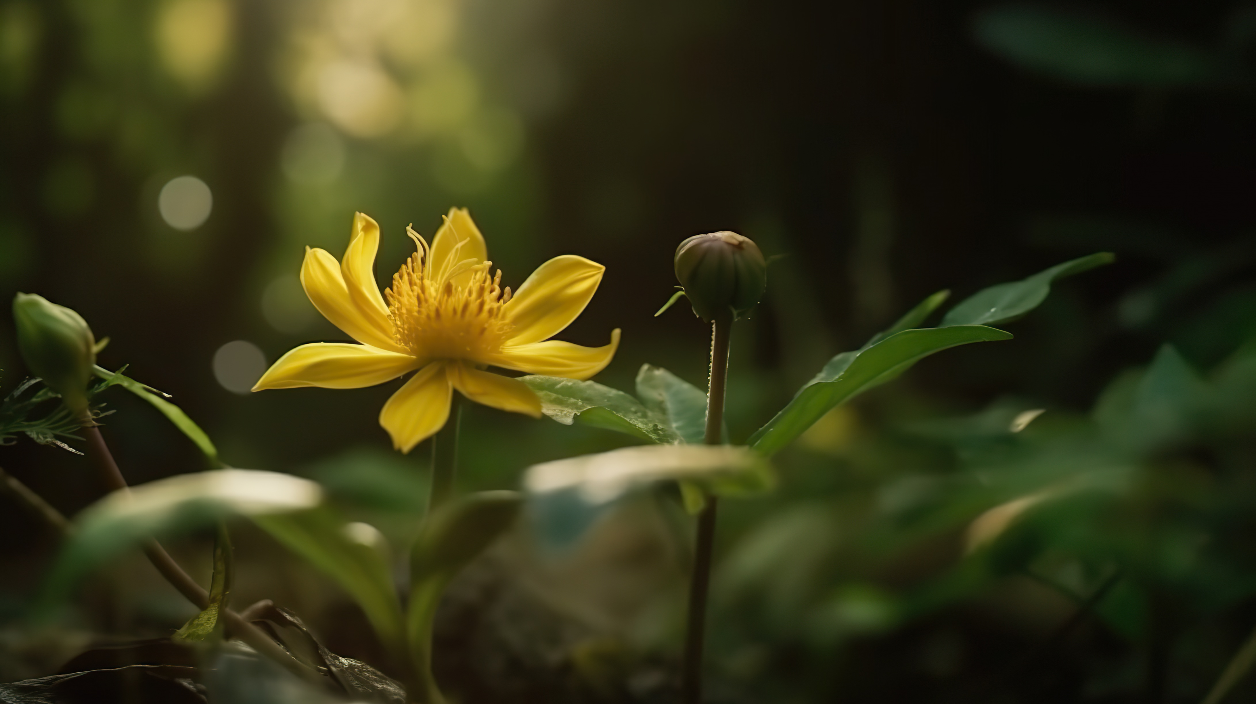 Close-up shot of beautiful yellow flower in jungle