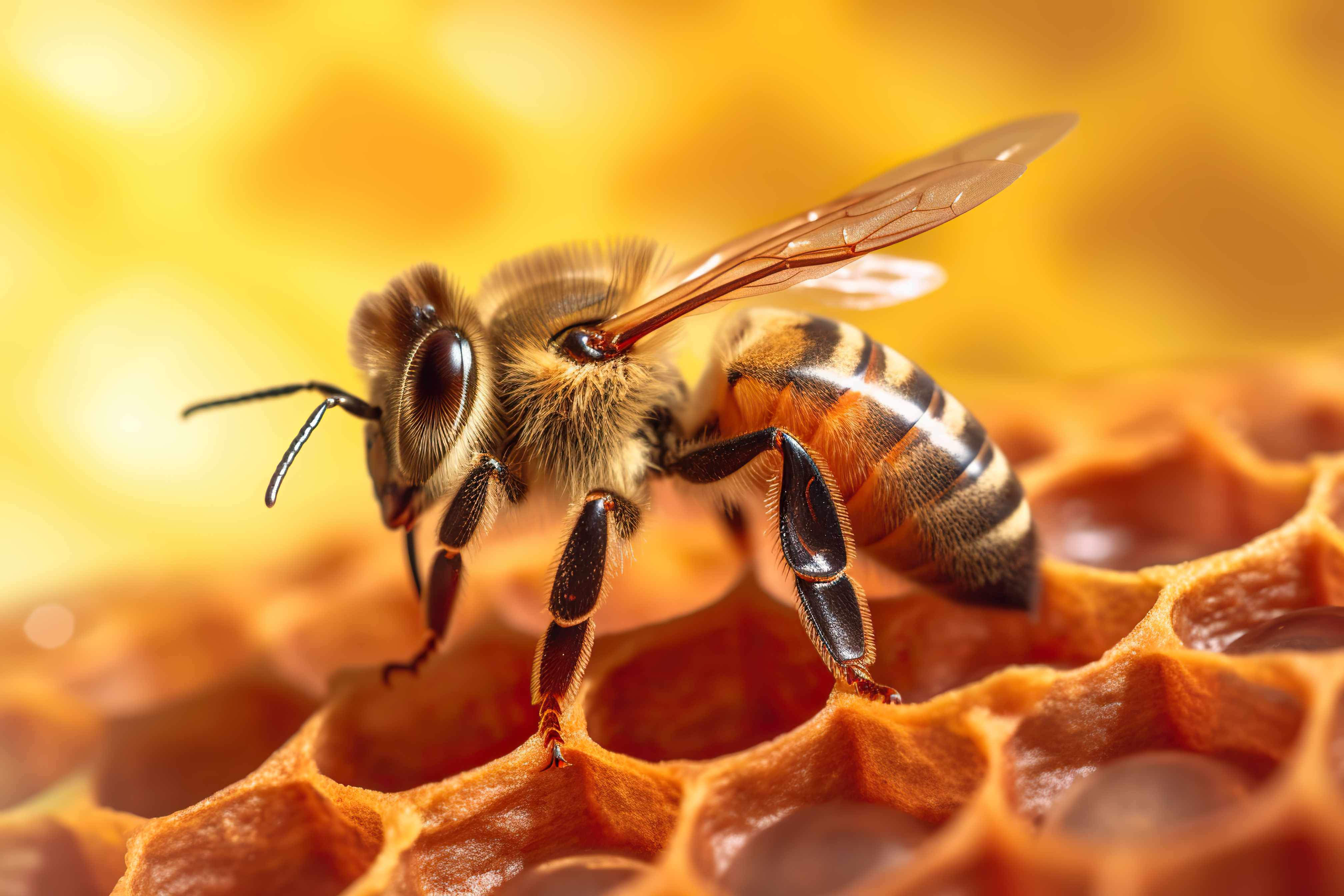 Close up shot of a bee on honeycomb