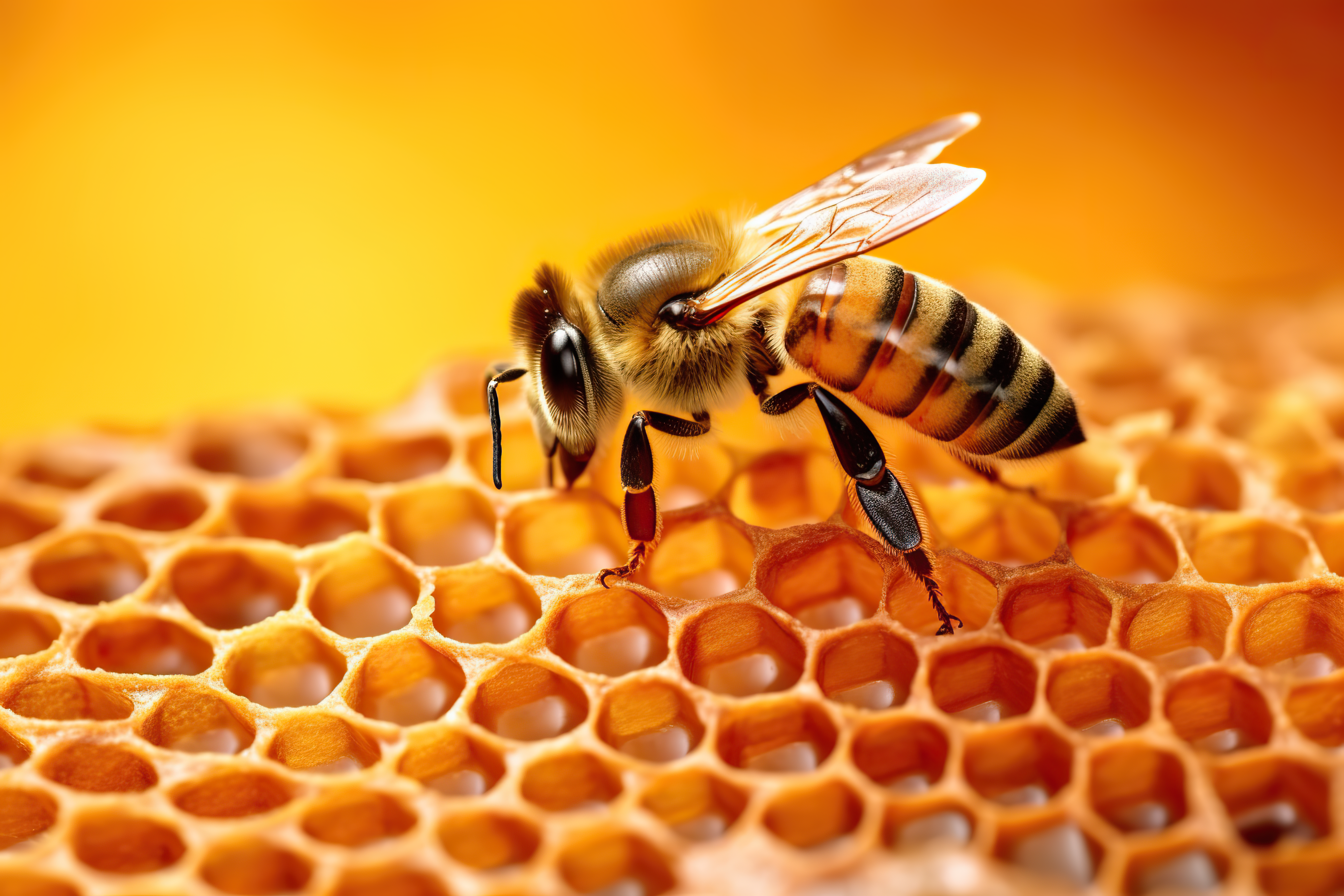 Close up shot of a bee on honeycomb
