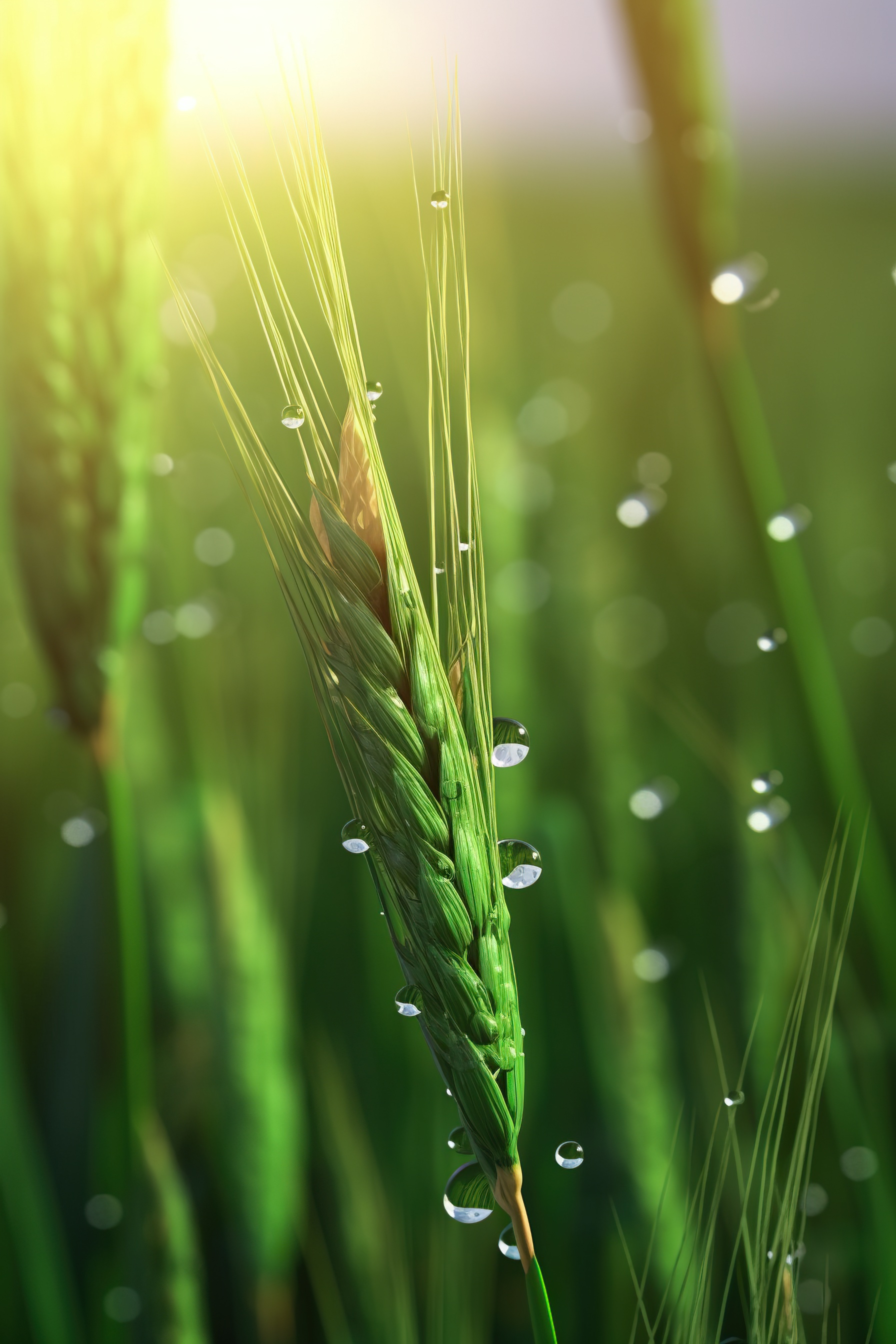 Close up shot of small water drops on green wheats, AI generative