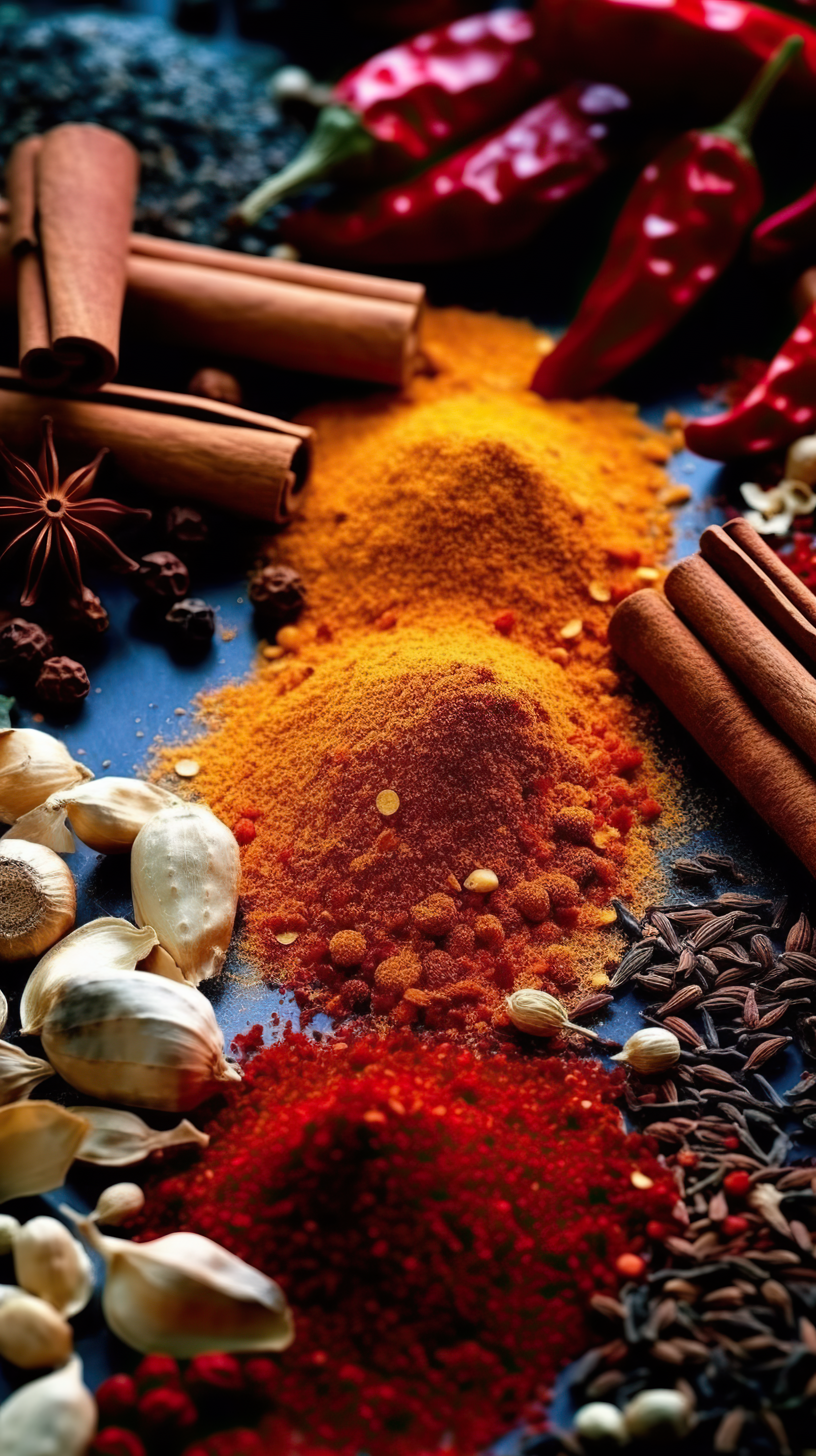 Closeup shot of spices and herbs on a black background