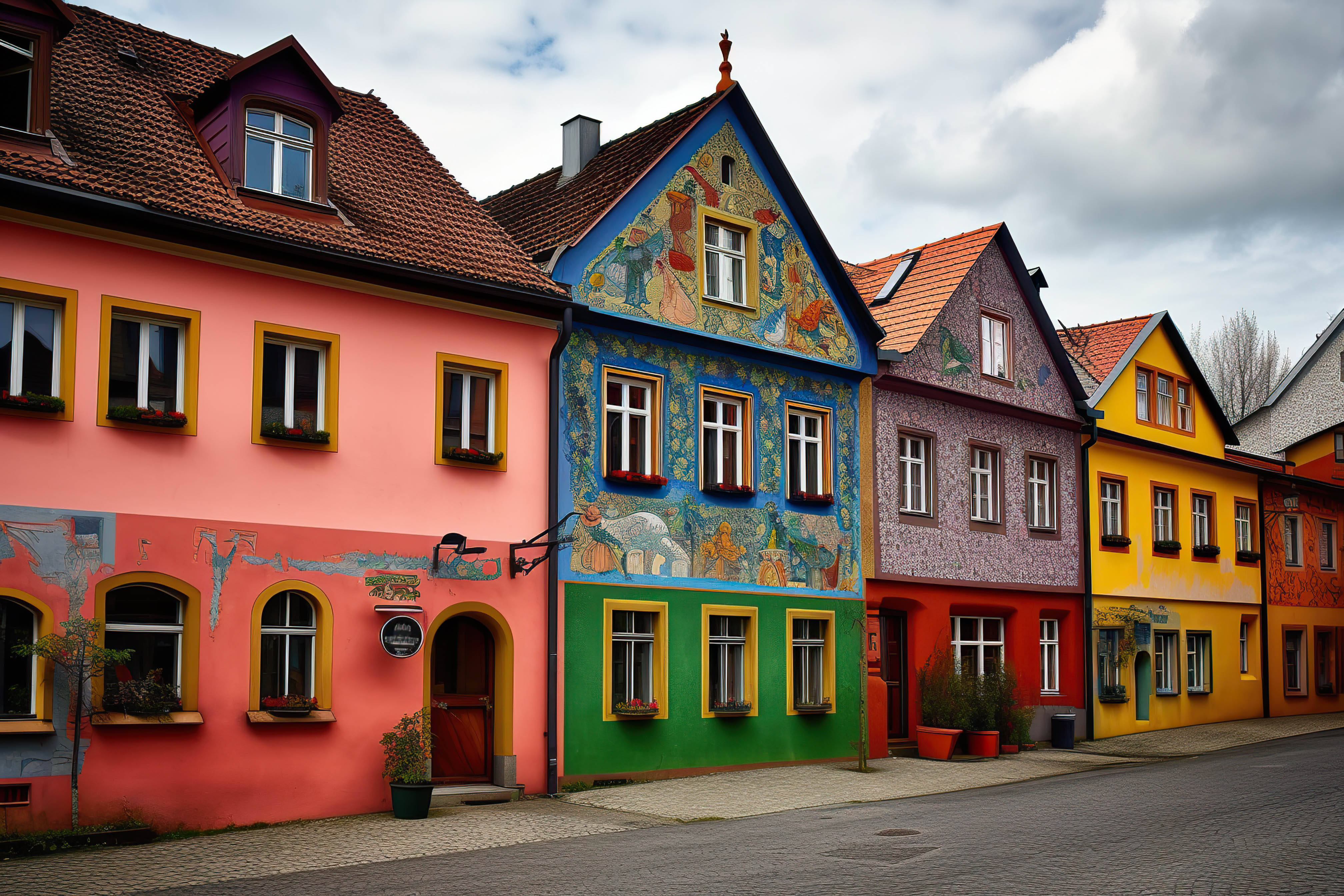 Colorful row of houses, AI generative