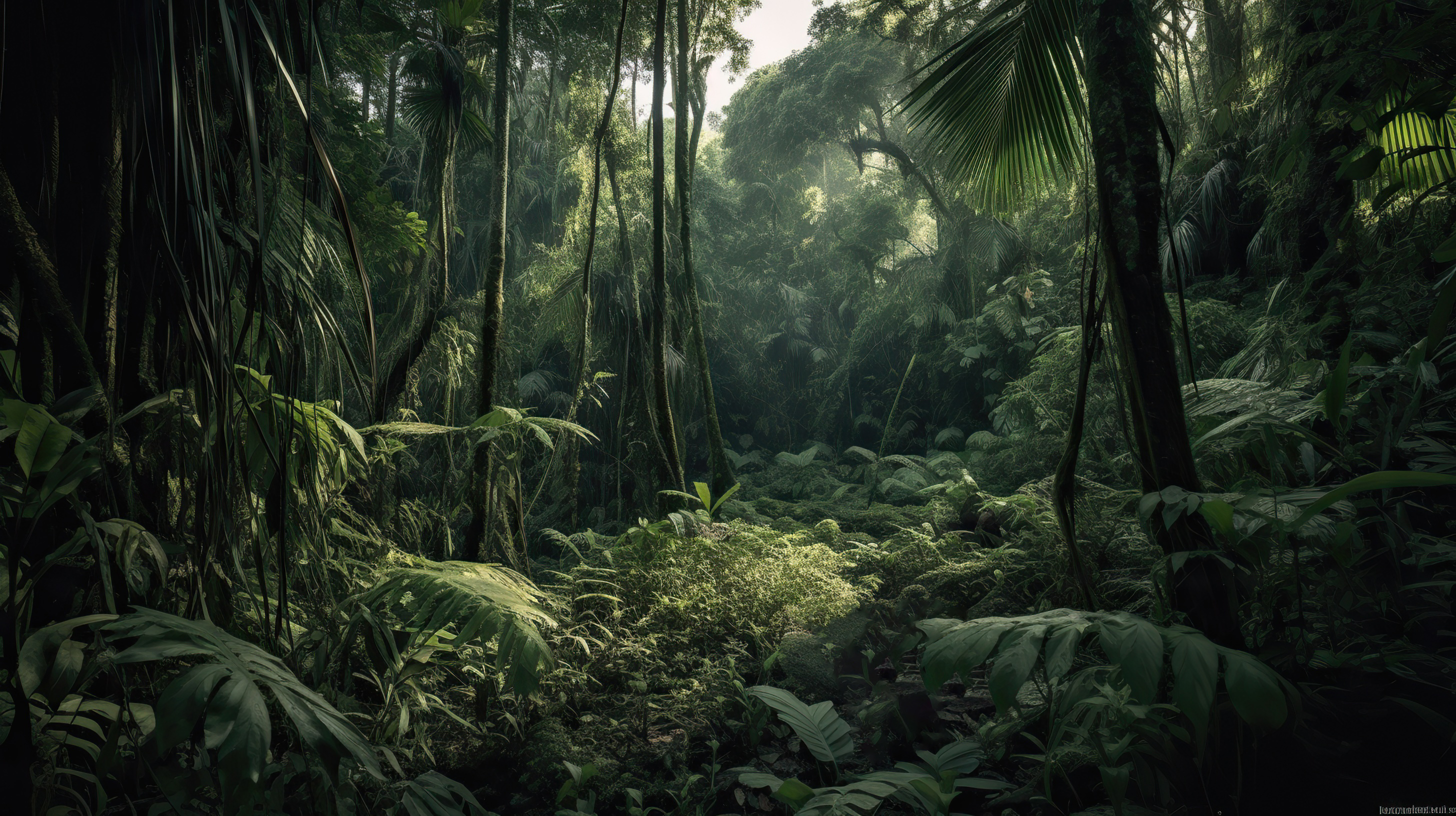 Dense jungle with tall trees and vines covering the ground