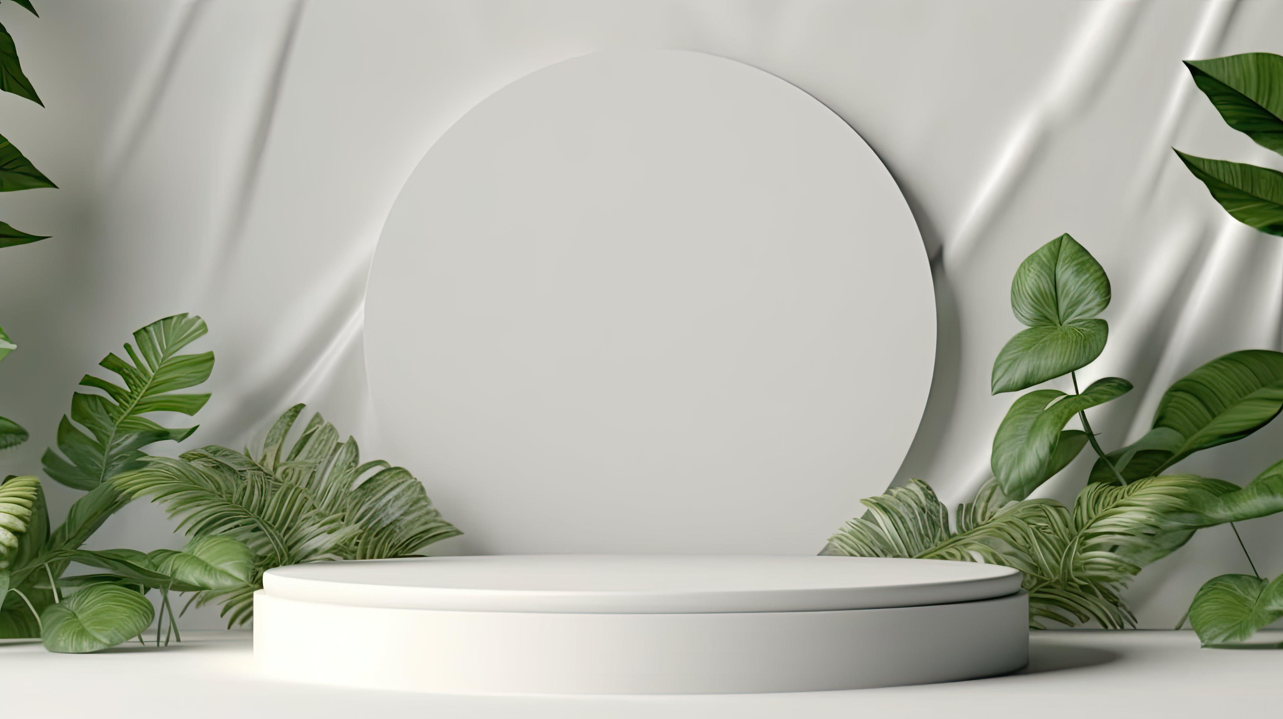 Empty round podium and green leaves on light grey background. Pedestal and fresh natural branches for advertising