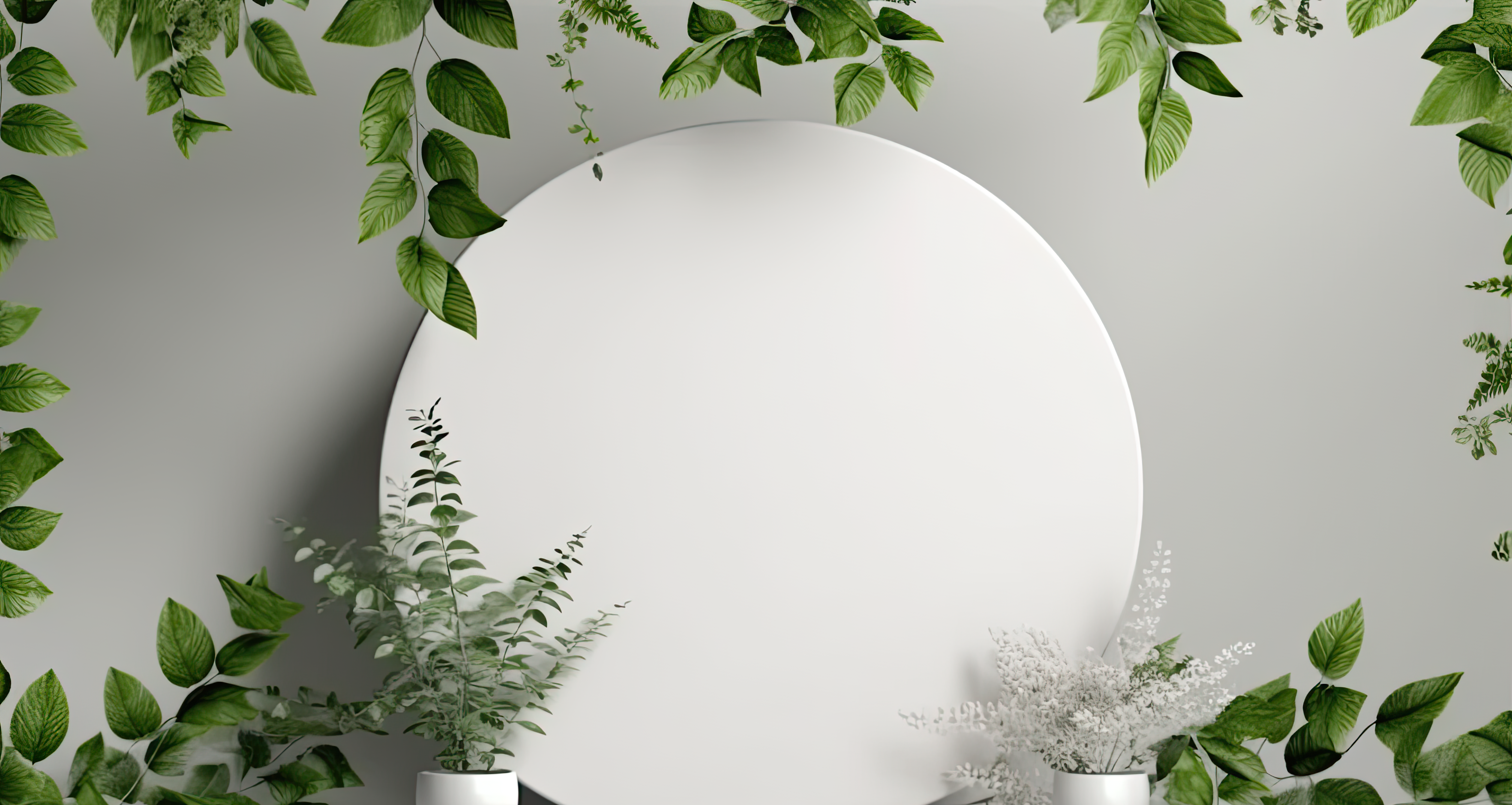 Empty round podium and green leaves on light grey background. Pedestal and fresh natural branches for advertising