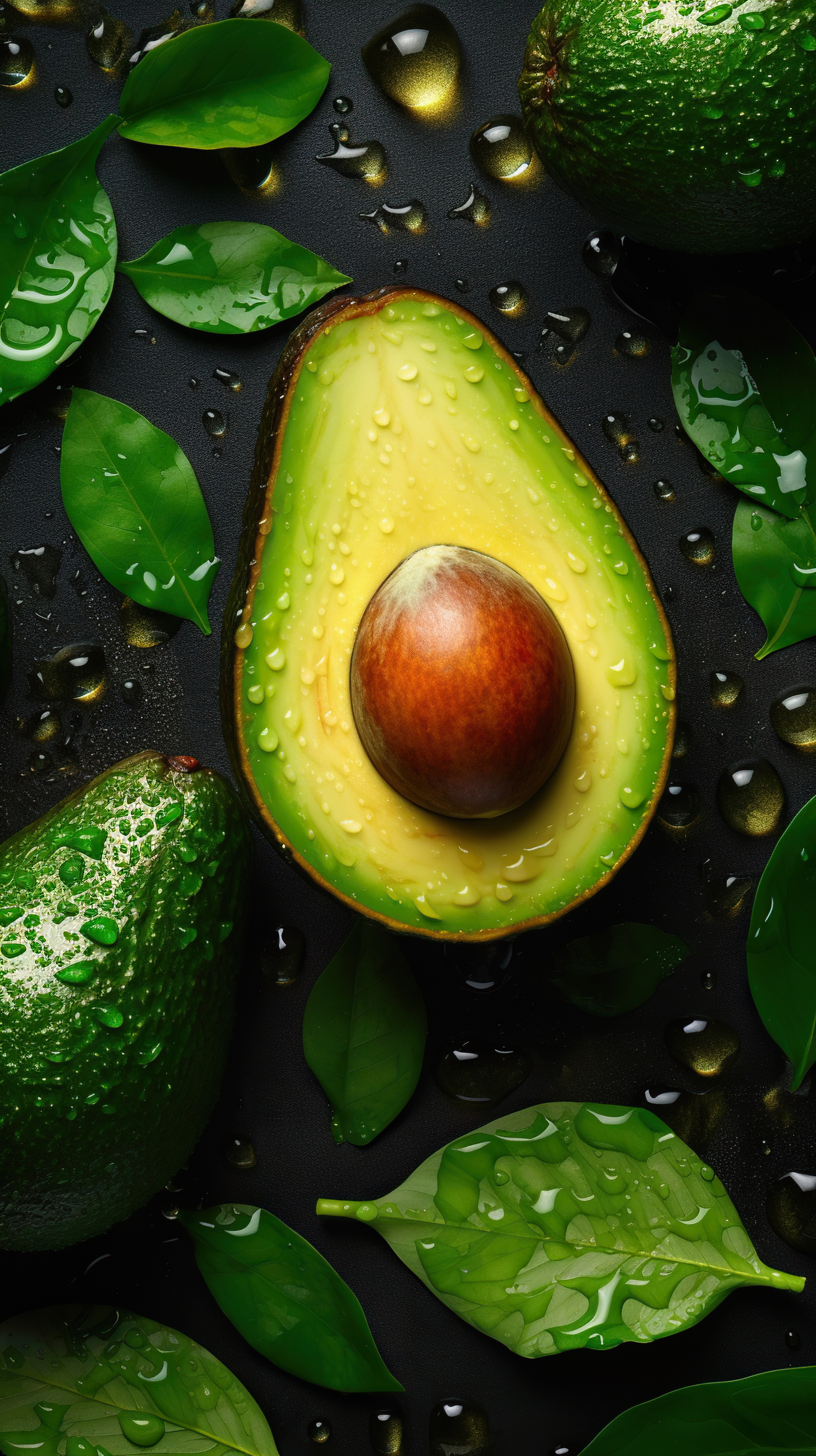 Fresh Avocado with Water Droplets on Dark Background