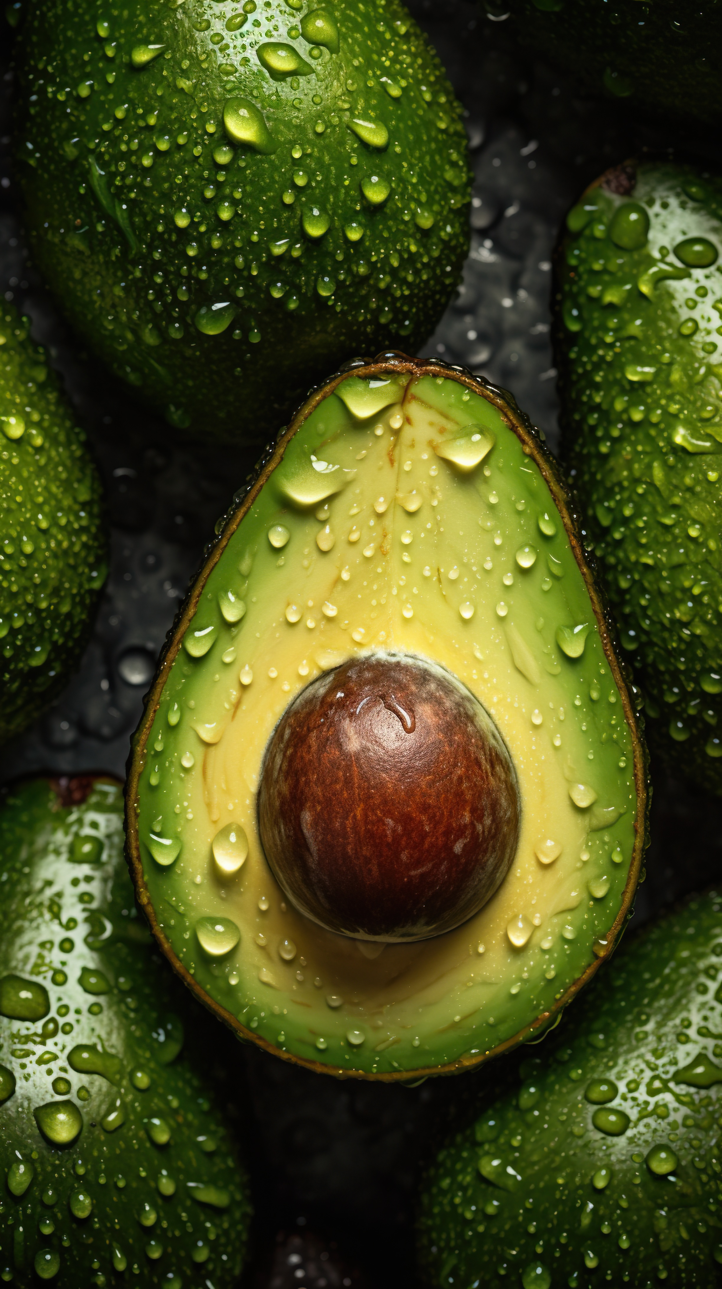 Fresh Avocado with Water Droplets on Dark Background