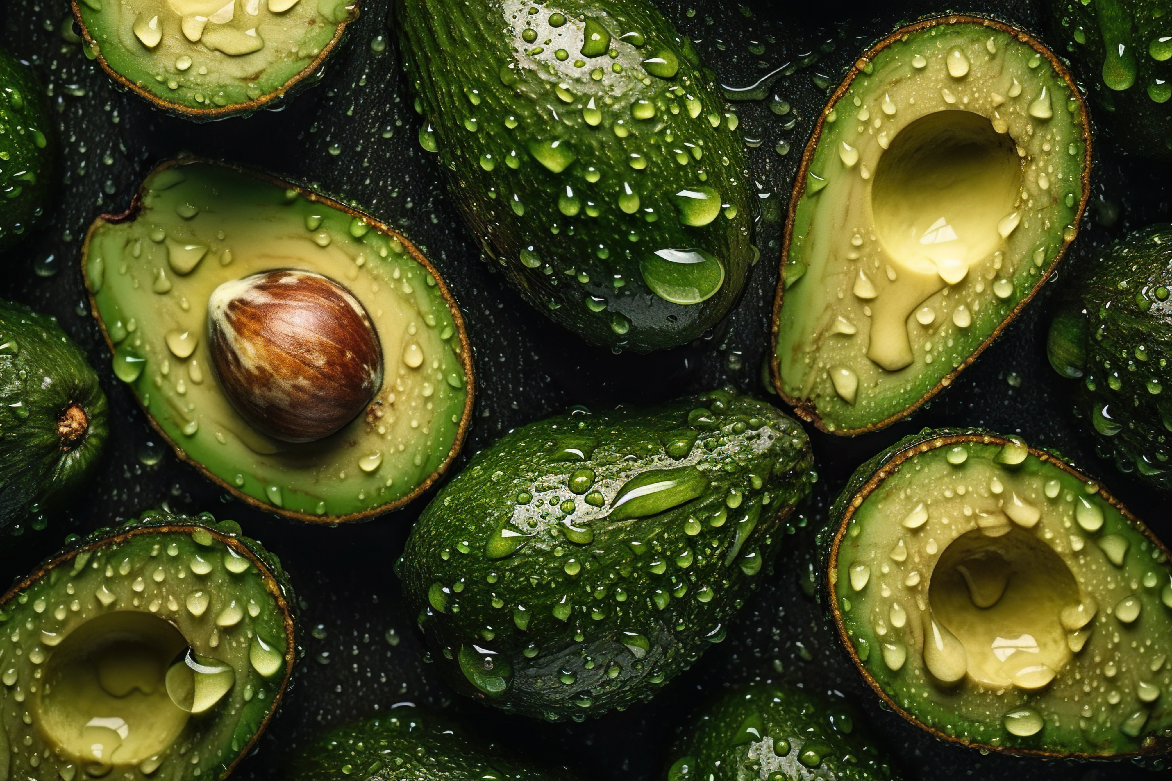 Fresh Avocado with Water Droplets on Dark Background