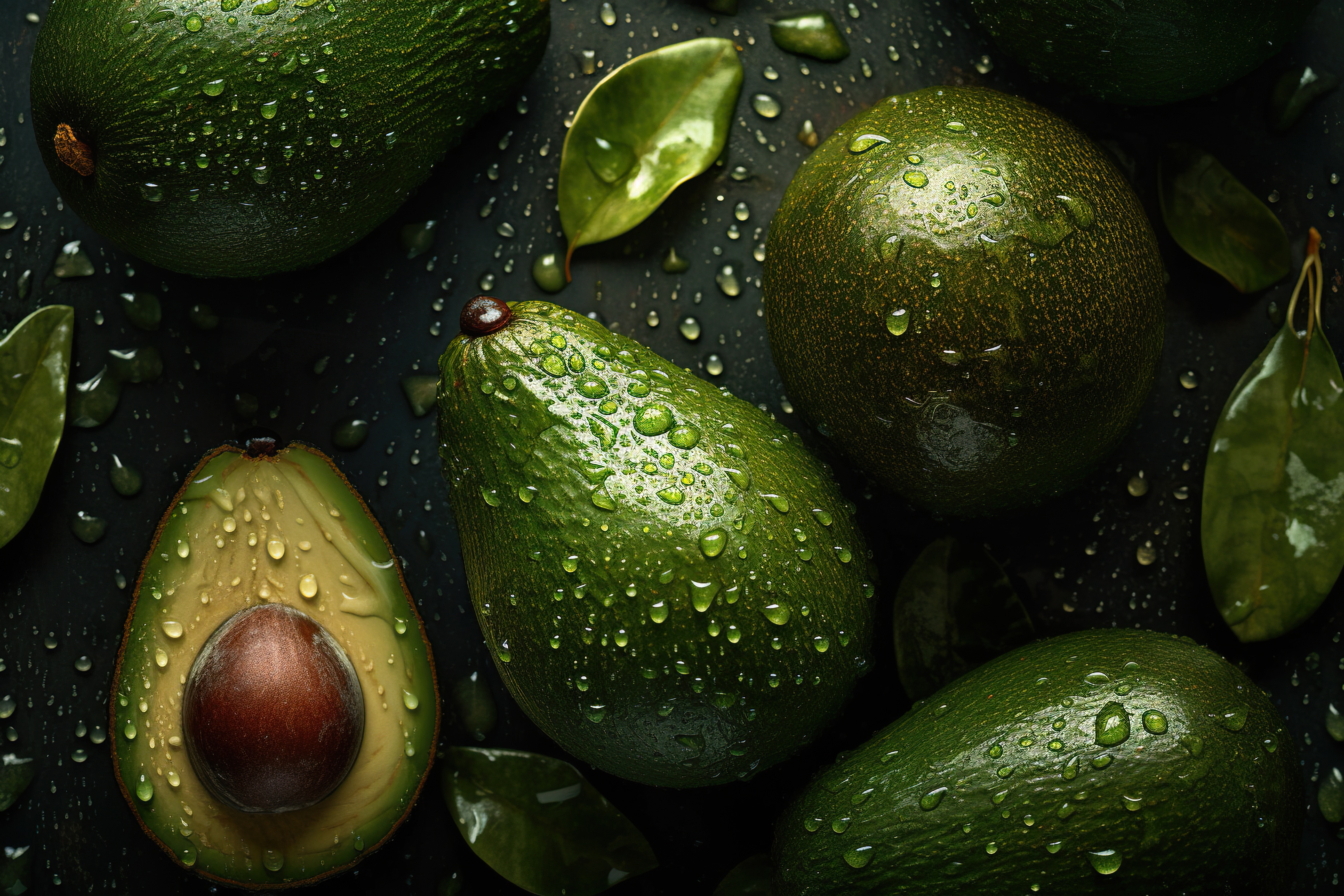 Fresh Avocado with Water Droplets on Dark Background