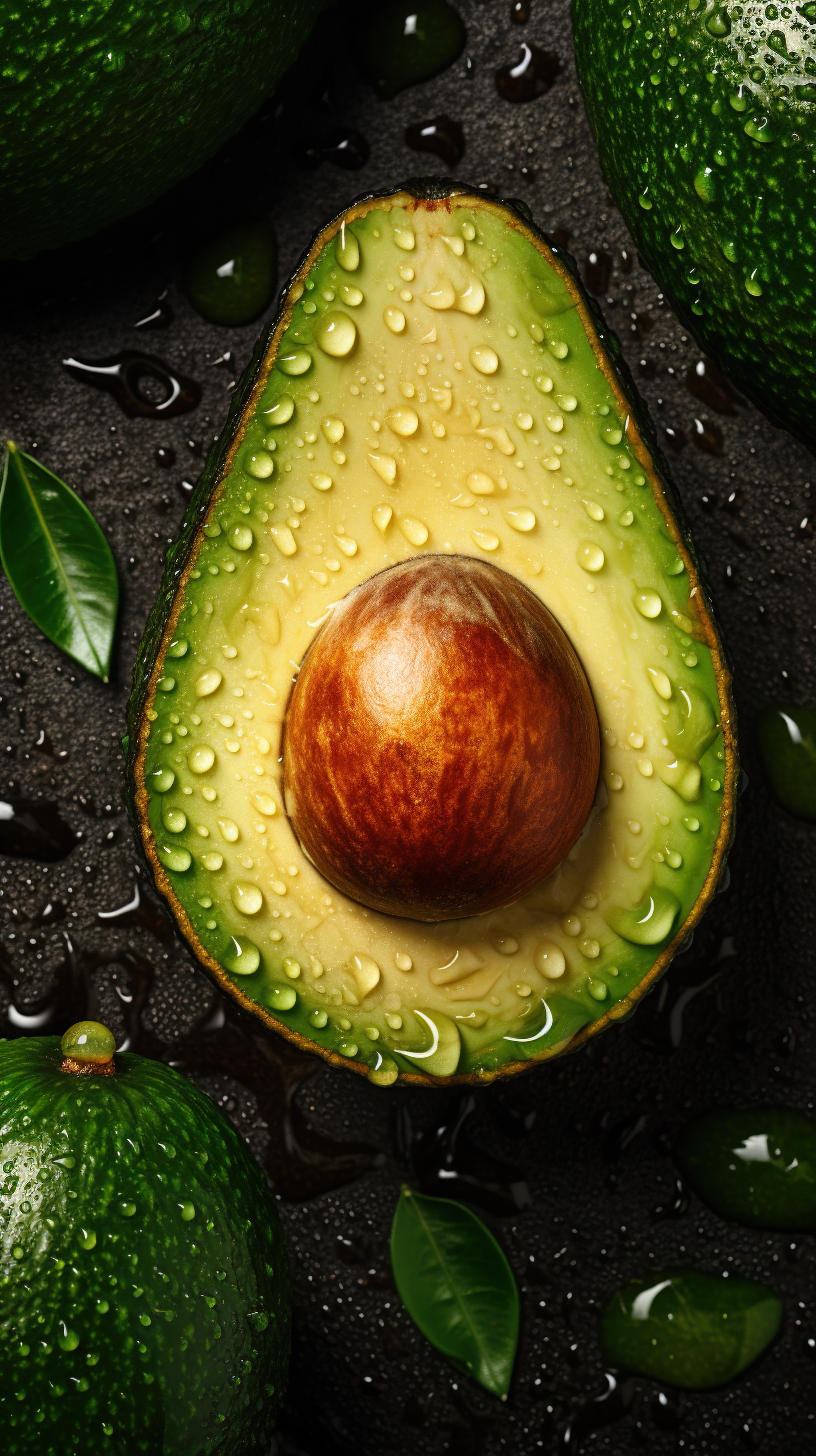 Fresh Avocado with Water Droplets on Dark Background