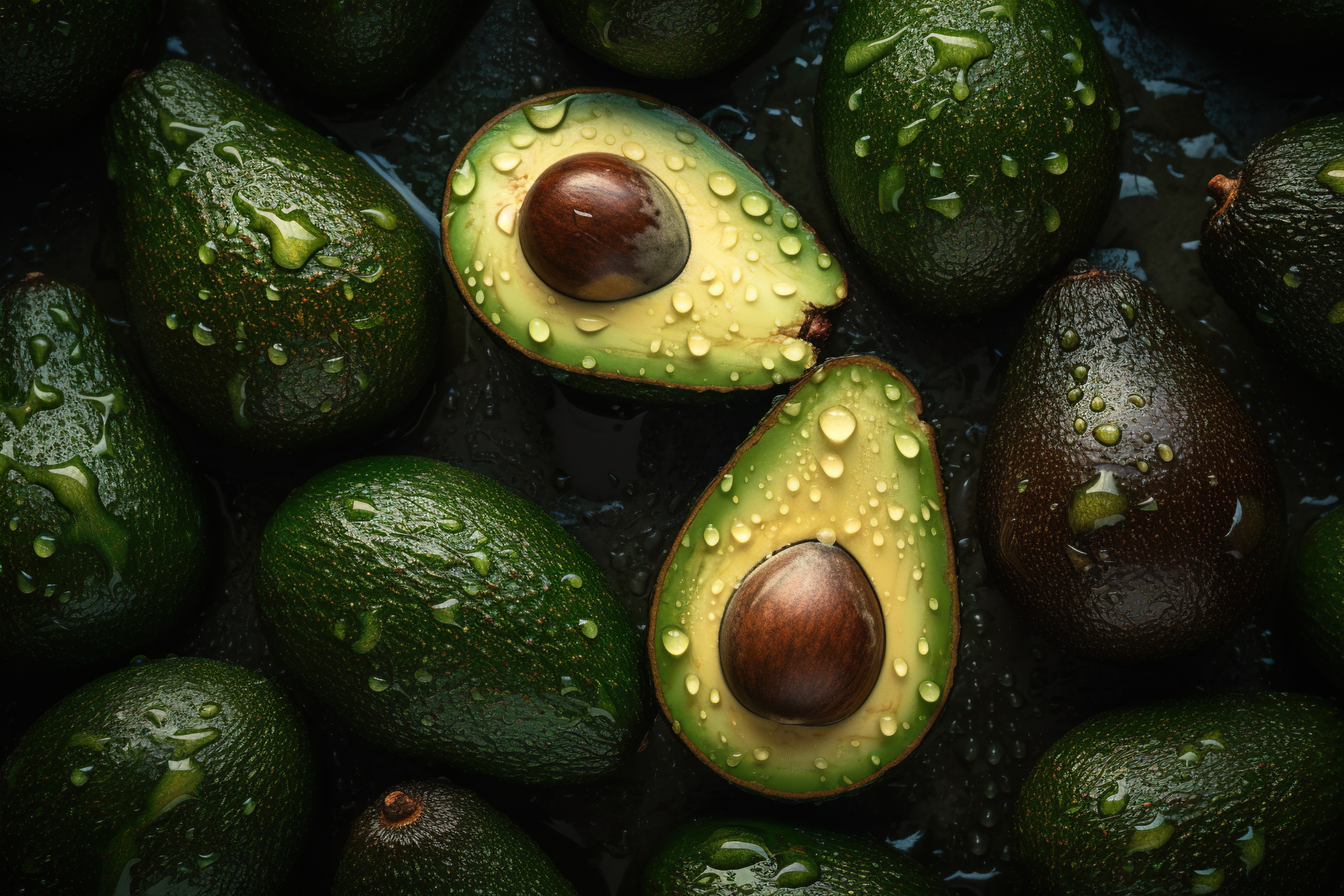 Fresh Avocado with Water Droplets on Dark Background