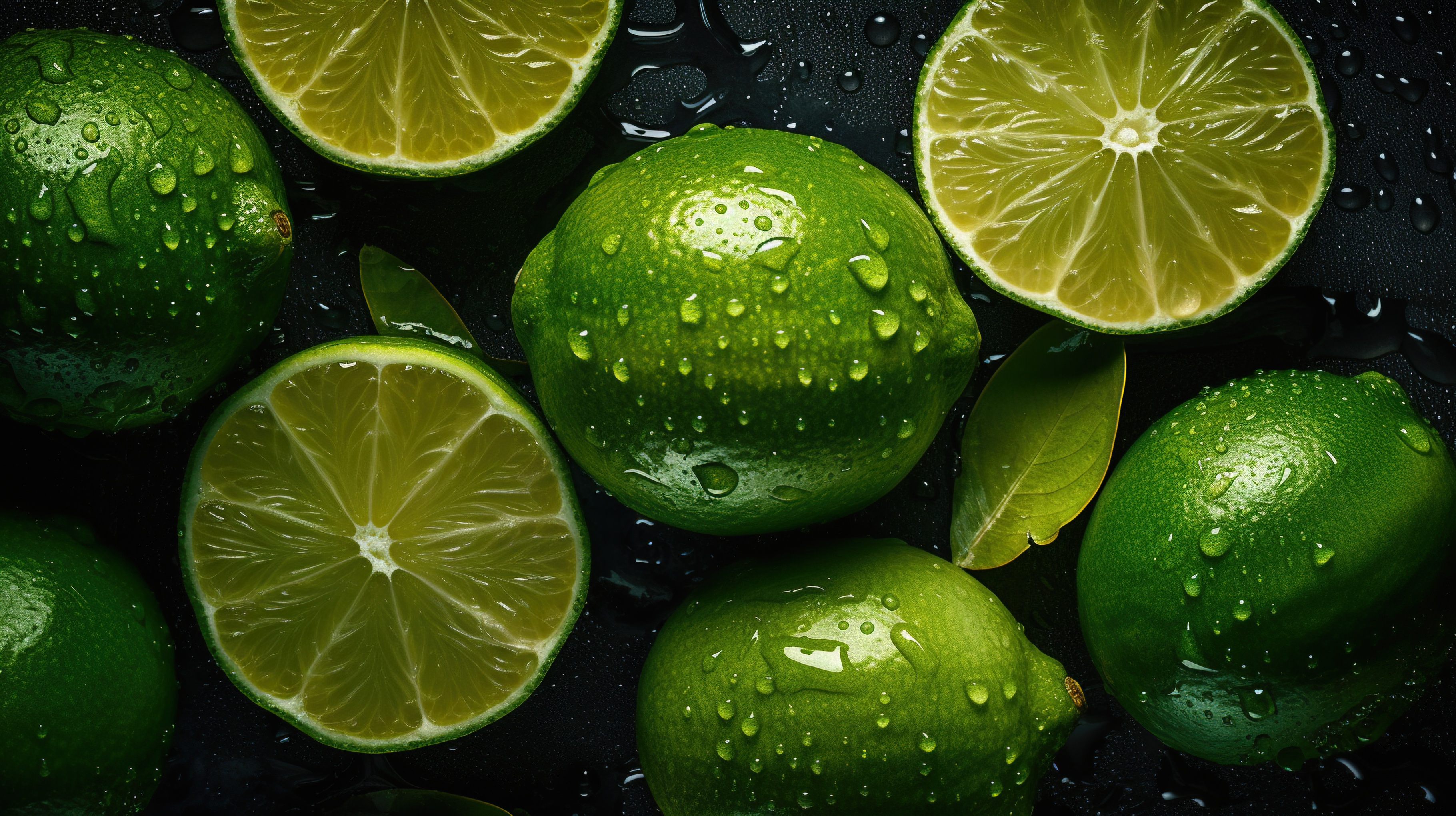 Fresh Limes with Water Droplets on Dark Background, AI Generative