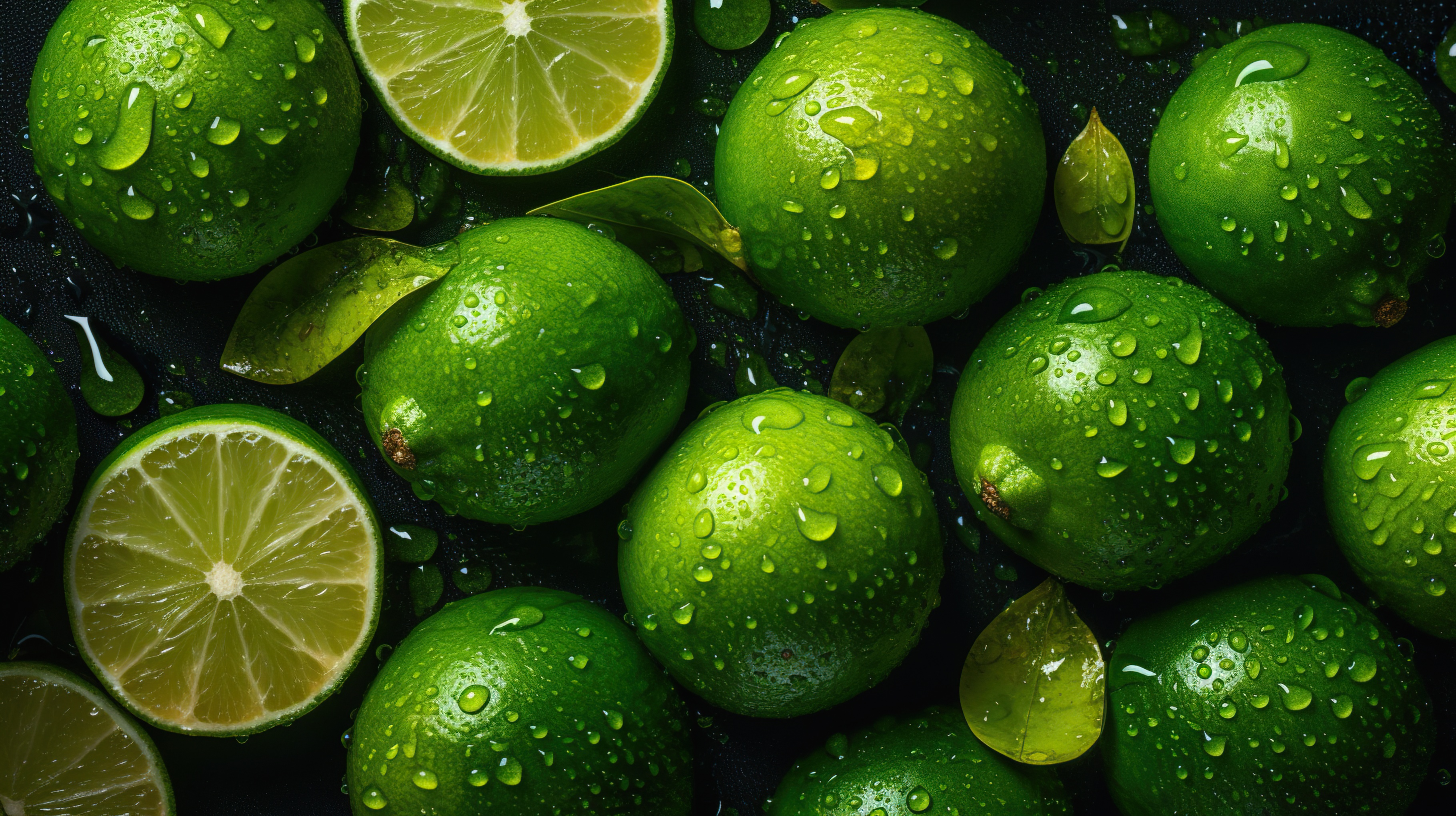 Fresh Limes with Water Droplets on Dark Background, AI Generative