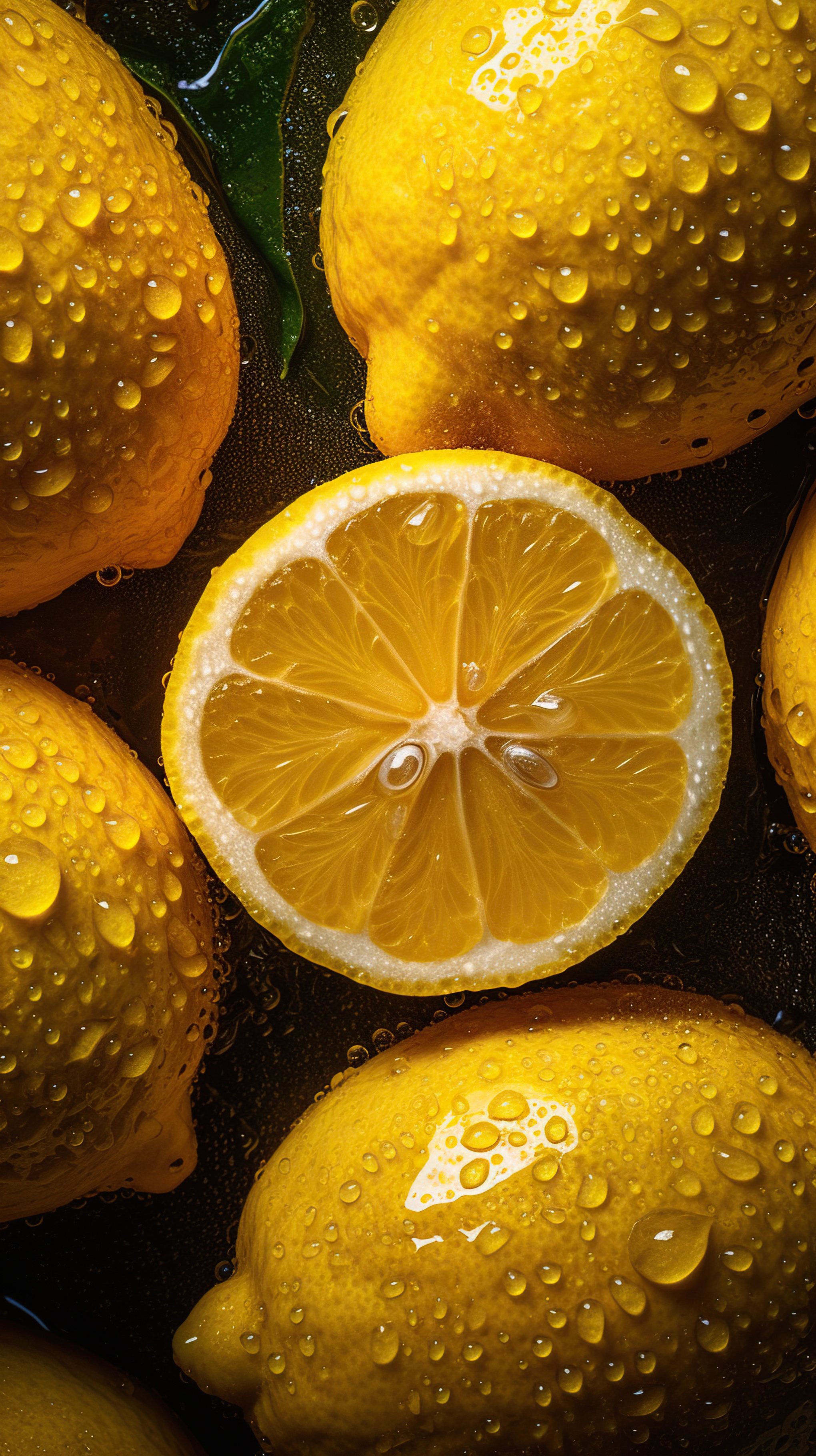 Fresh Lemons with Water Droplets on Dark Background, AI Generative