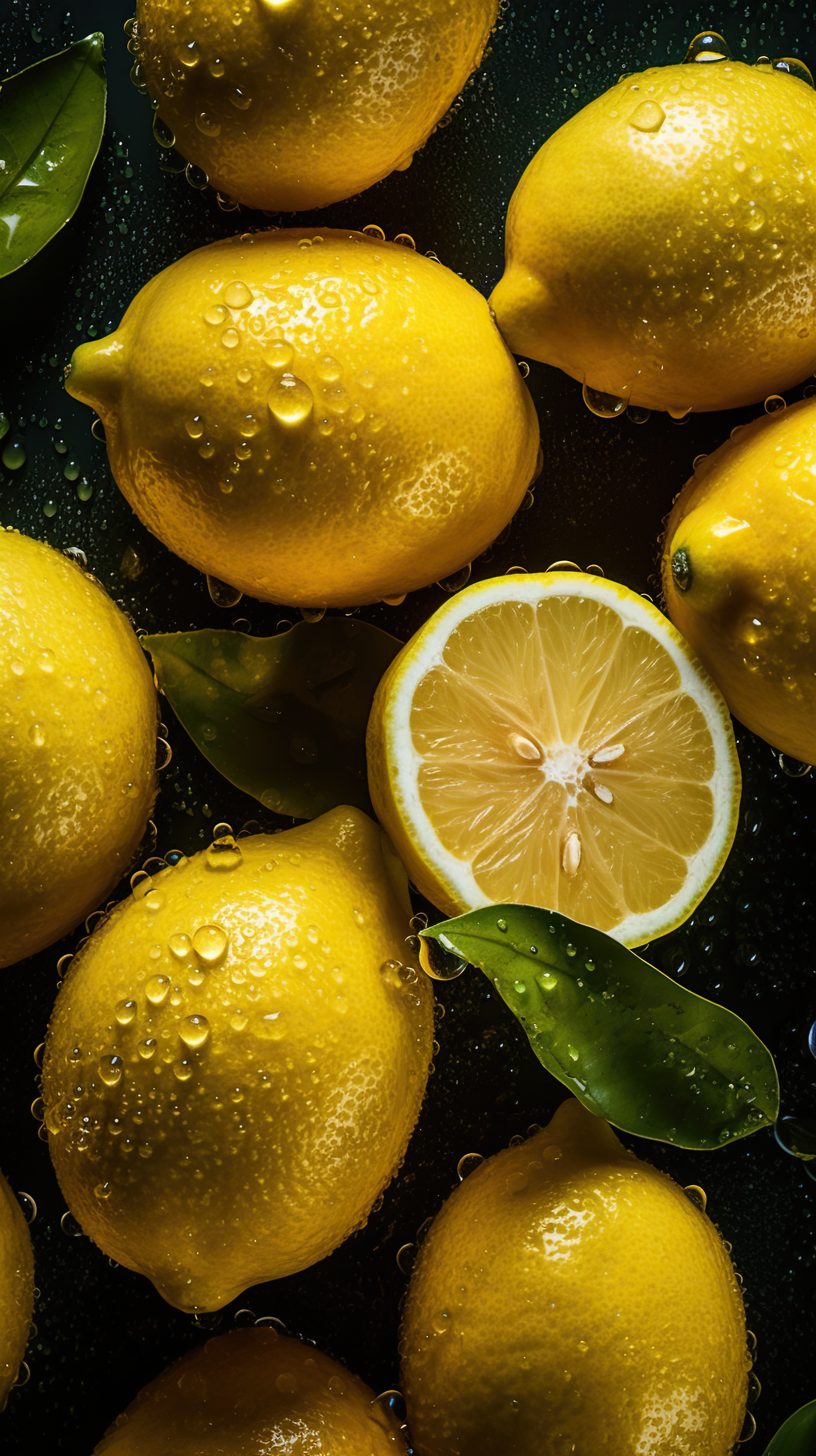 Fresh Lemons with Water Droplets on Dark Background, AI Generative