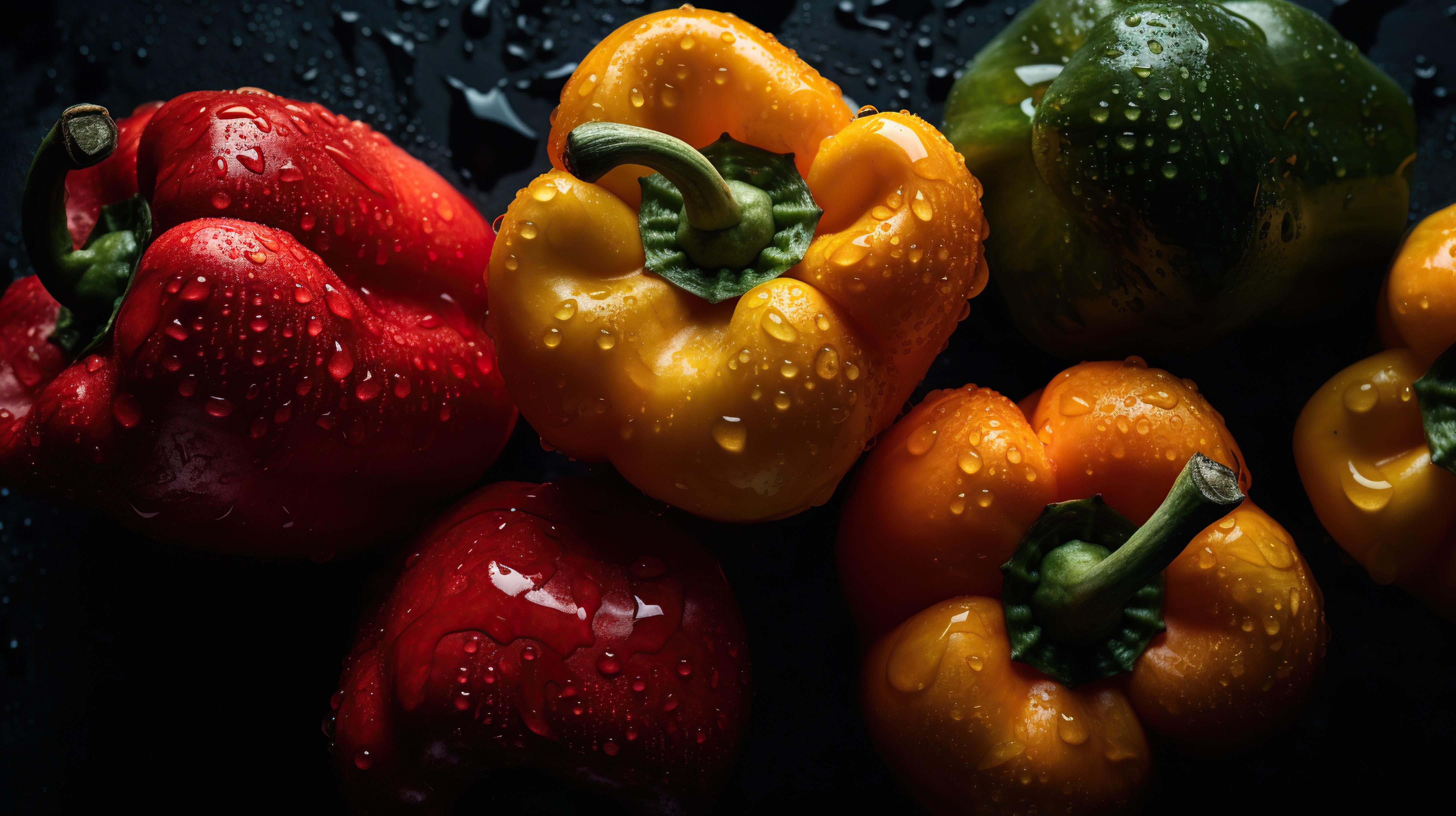 Fresh Red Green and Yellow Bell Peppers with Water Droplets on Dark Background