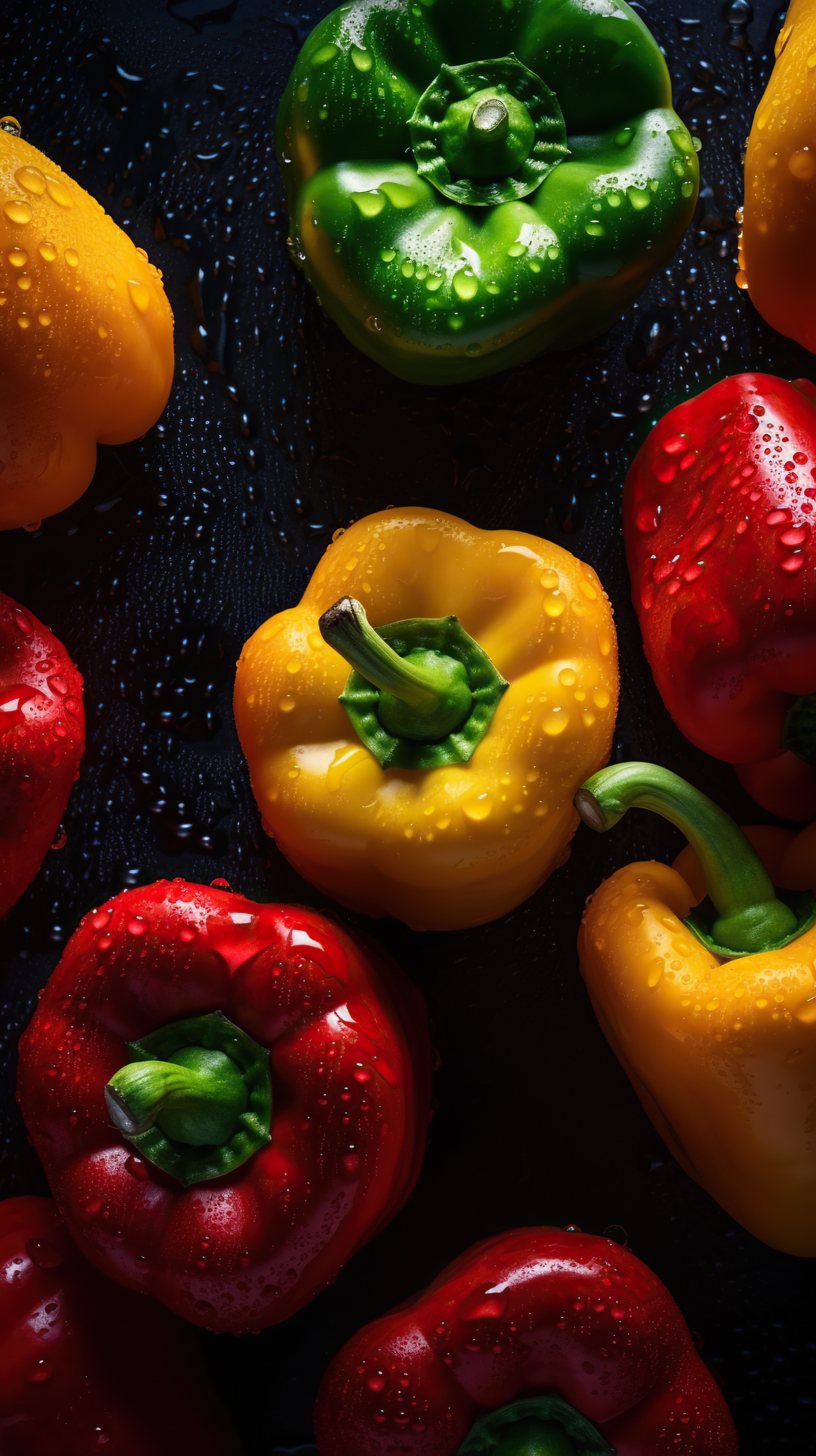 Fresh Red Green and Yellow Bell Peppers with Water Droplets on Dark Background