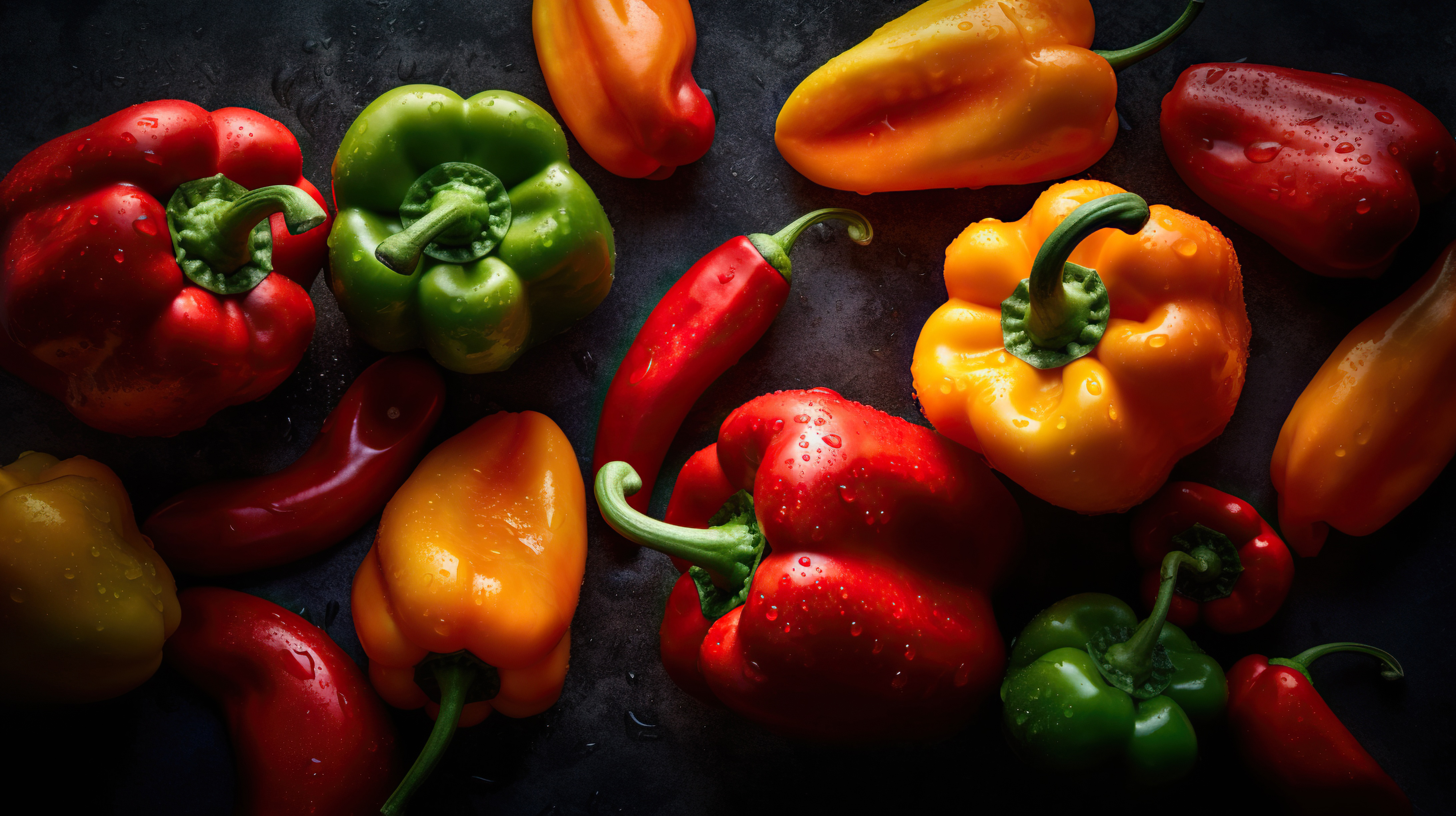Fresh Red Green and Yellow Bell Peppers with Water Droplets on Dark Background