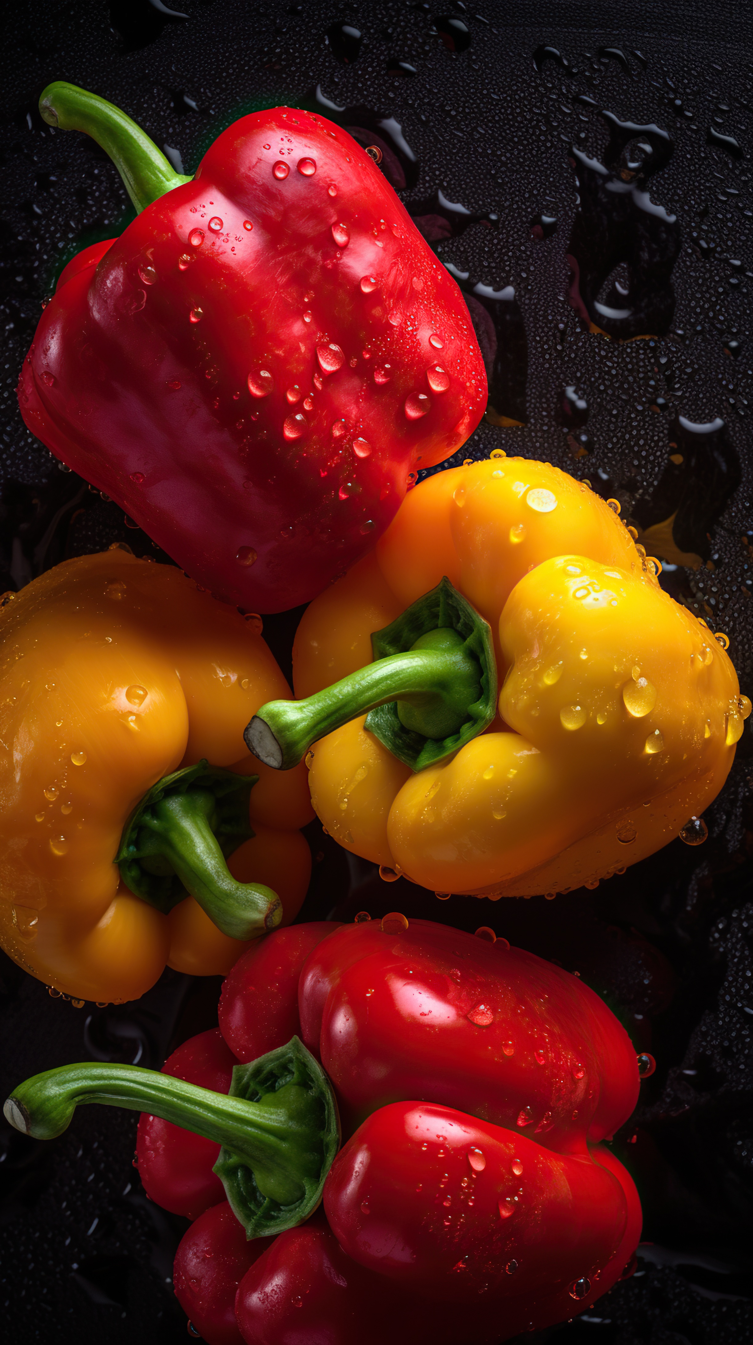 Fresh Red and Yellow Bell Peppers with Water Droplets on Dark Background
