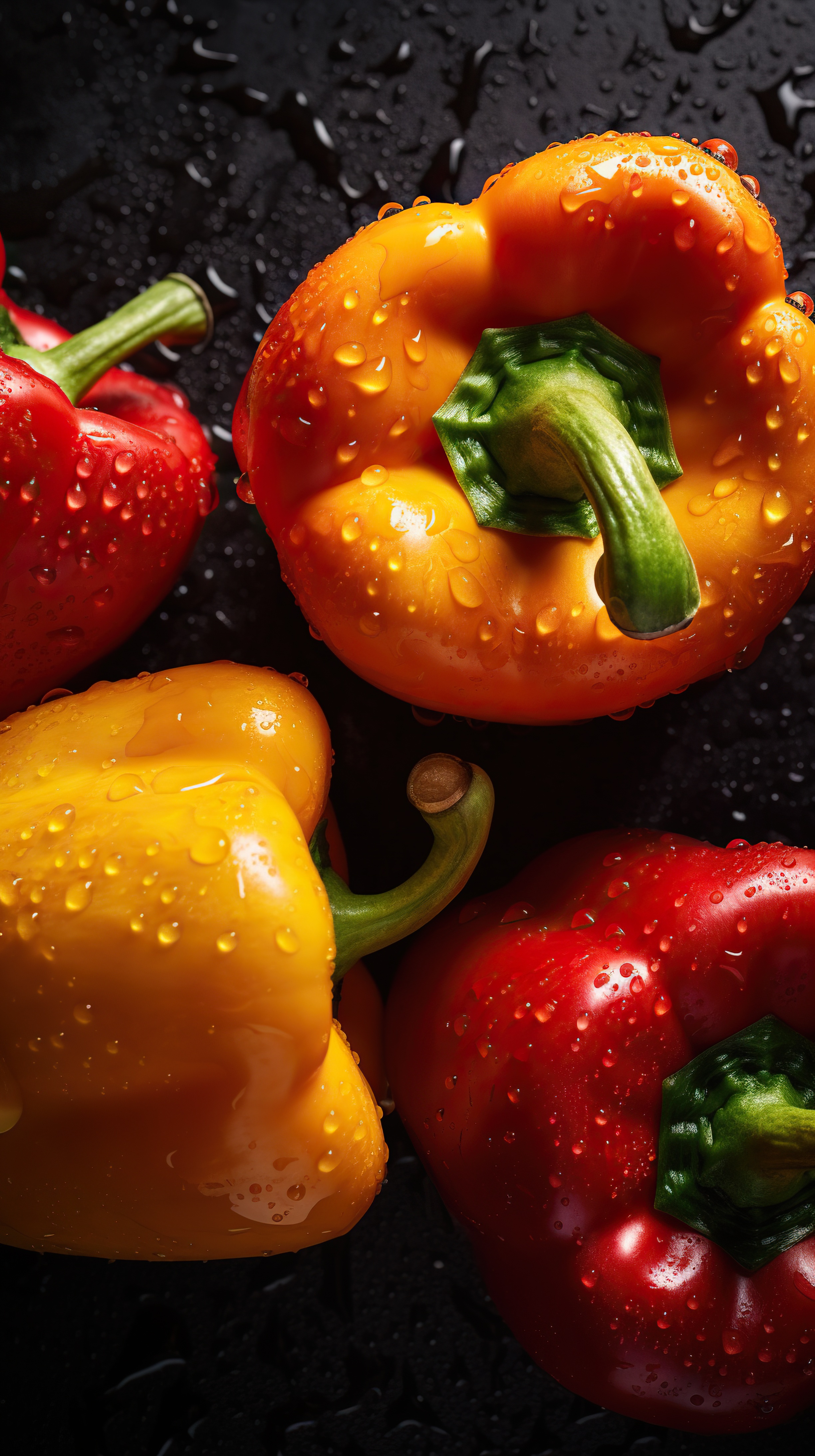 Fresh Red and Yellow Bell Peppers with Water Droplets on Dark Background