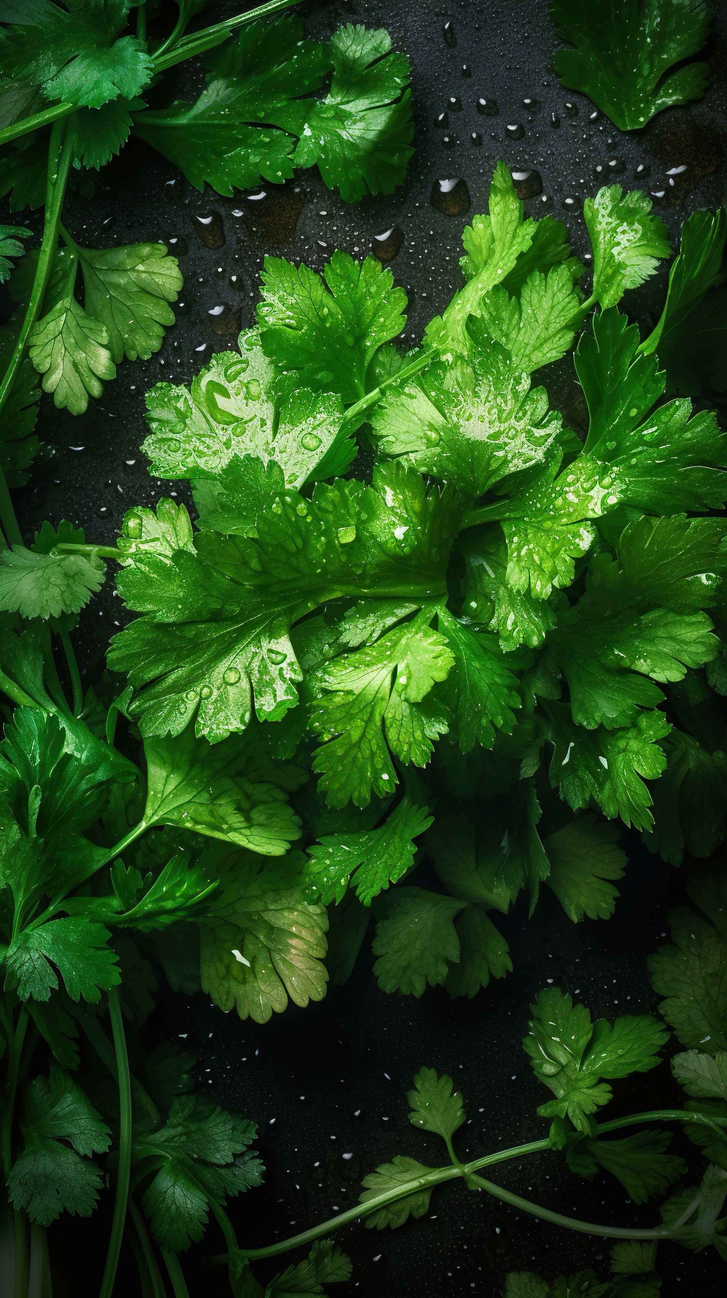 Fresh bunch of green cilantro with droplets of water on dark background