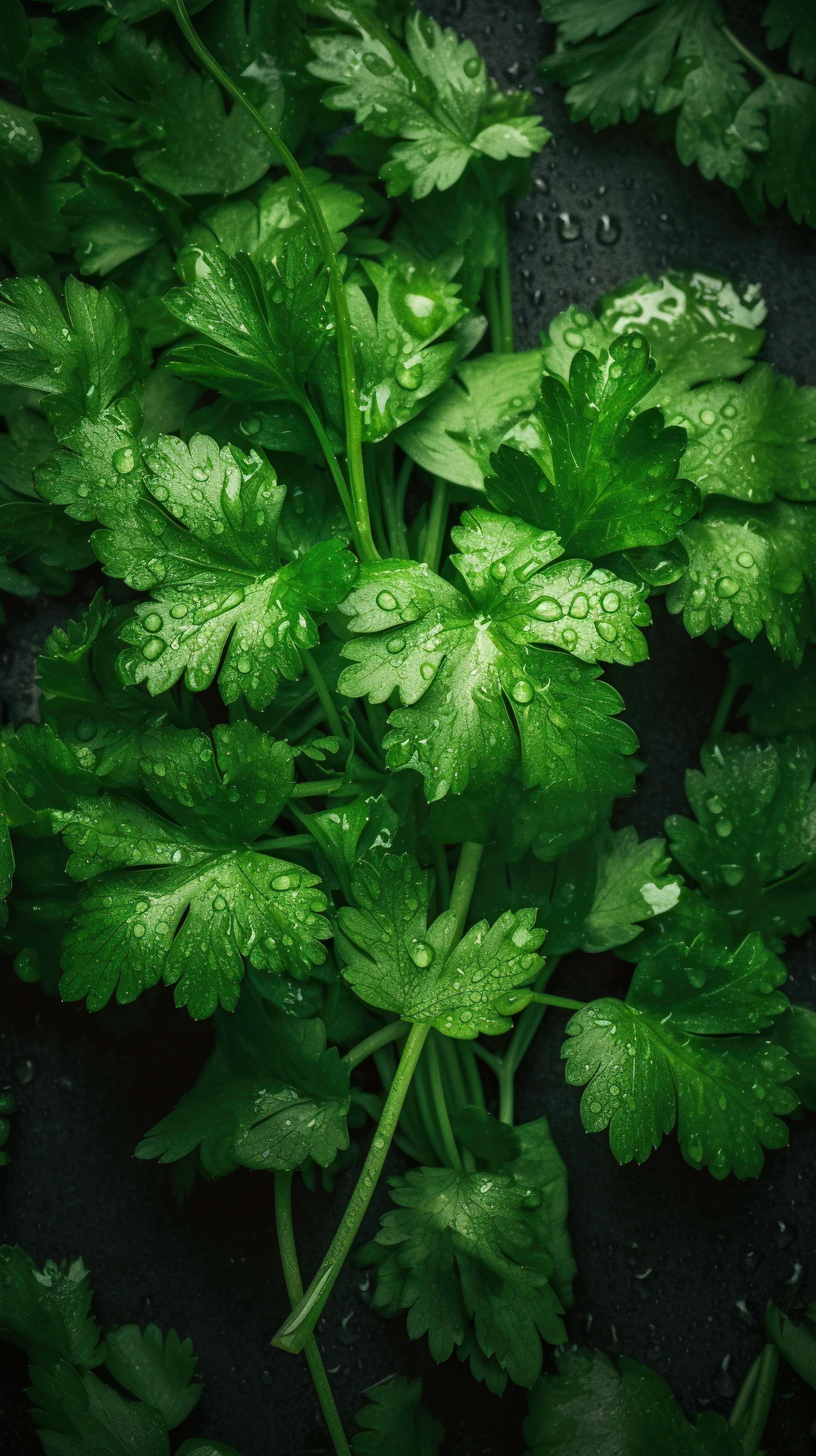 Fresh bunch of green cilantro with droplets of water on dark background