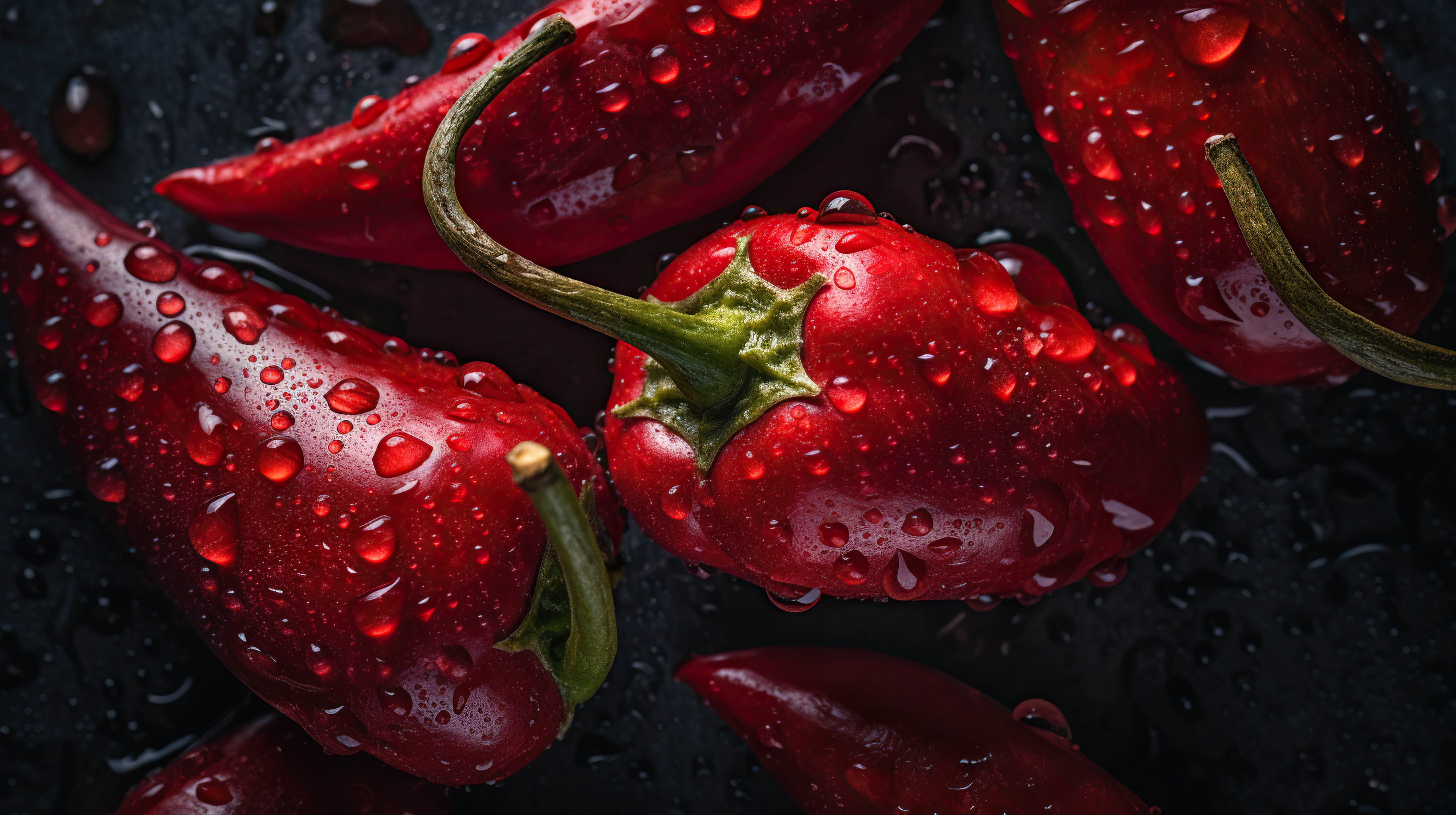 Fresh chili peppers with droplets on dark background