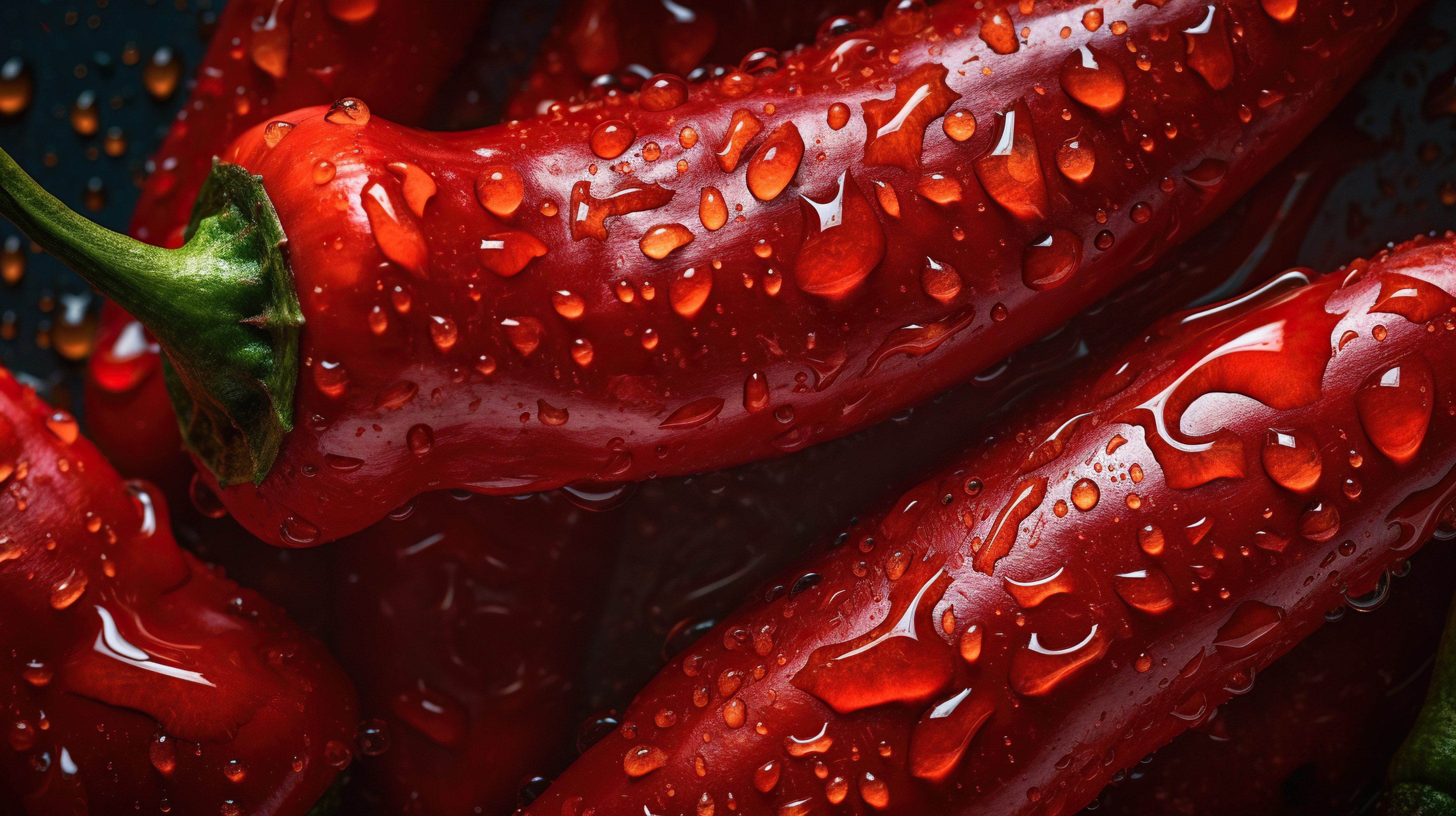 Fresh chili peppers with droplets on dark background