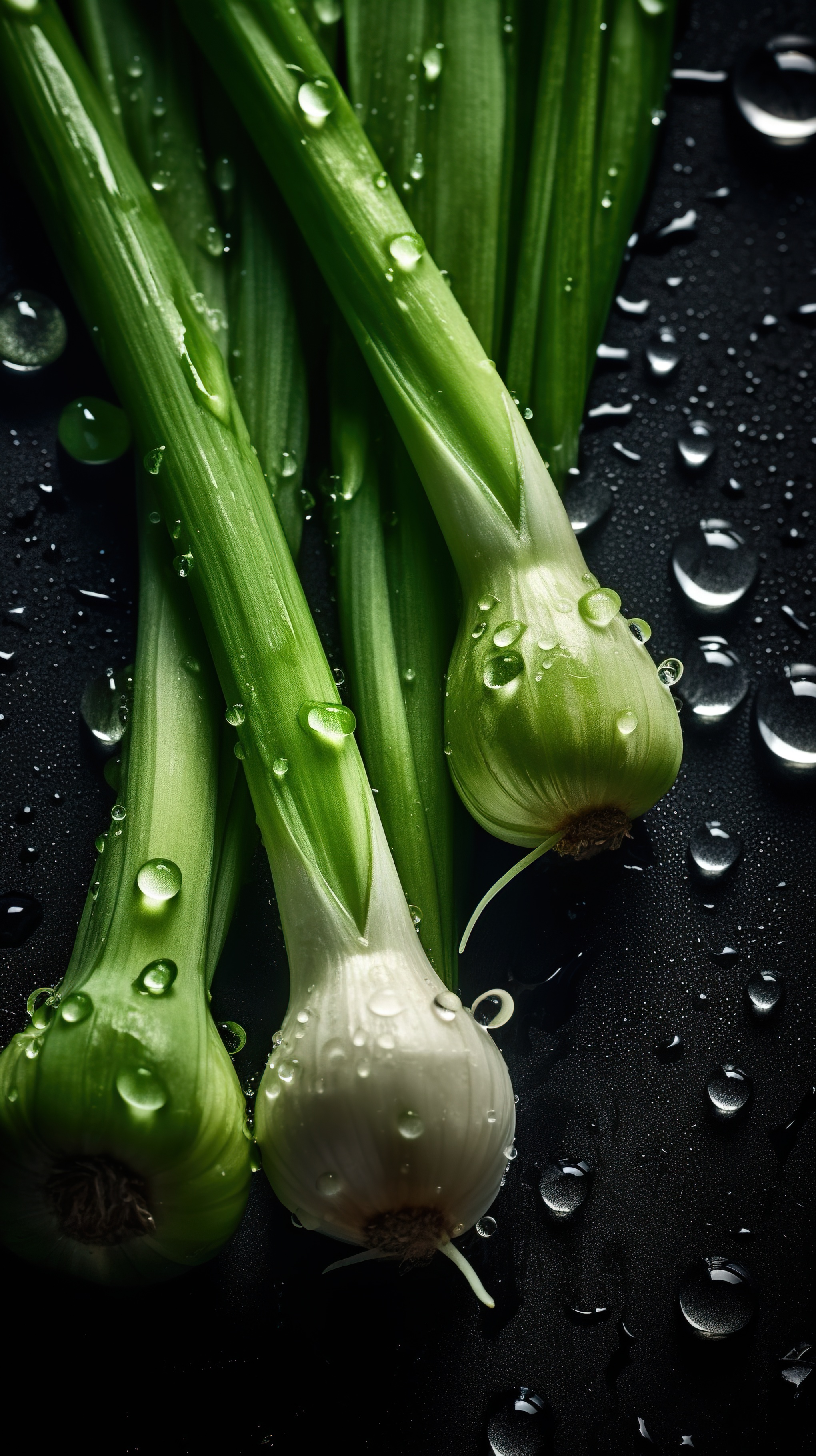 Fresh Green Leeks with Water Droplets on Dark Background