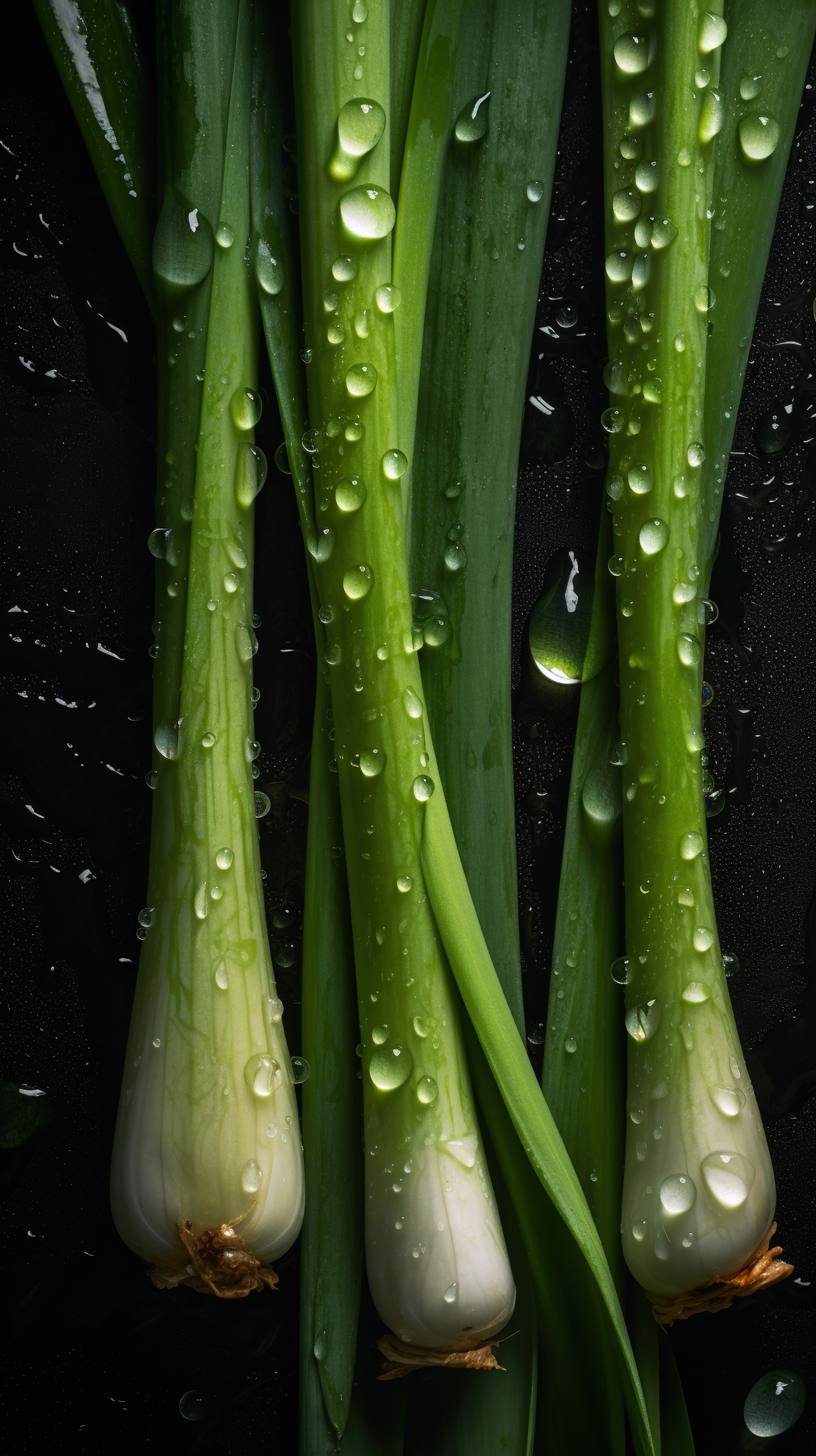 Fresh Green Leeks with Water Droplets on Dark Background