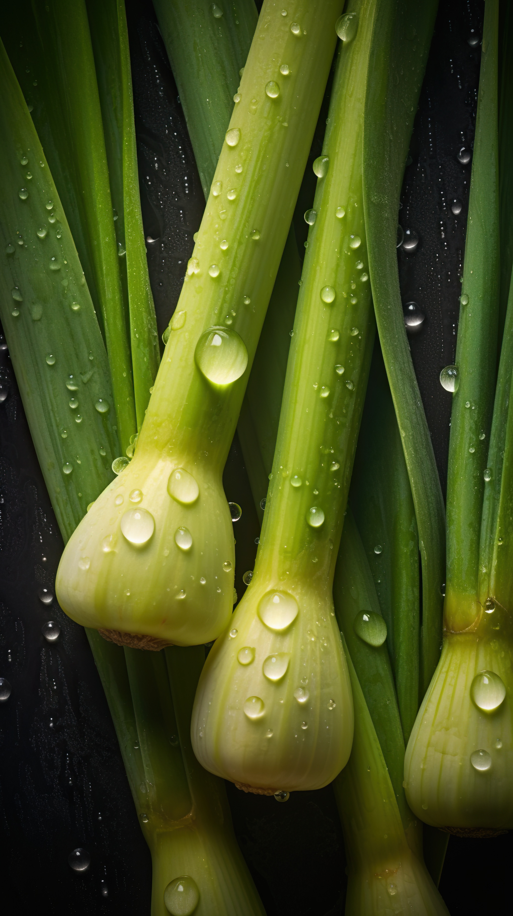 Fresh Green Leeks with Water Droplets on Dark Background