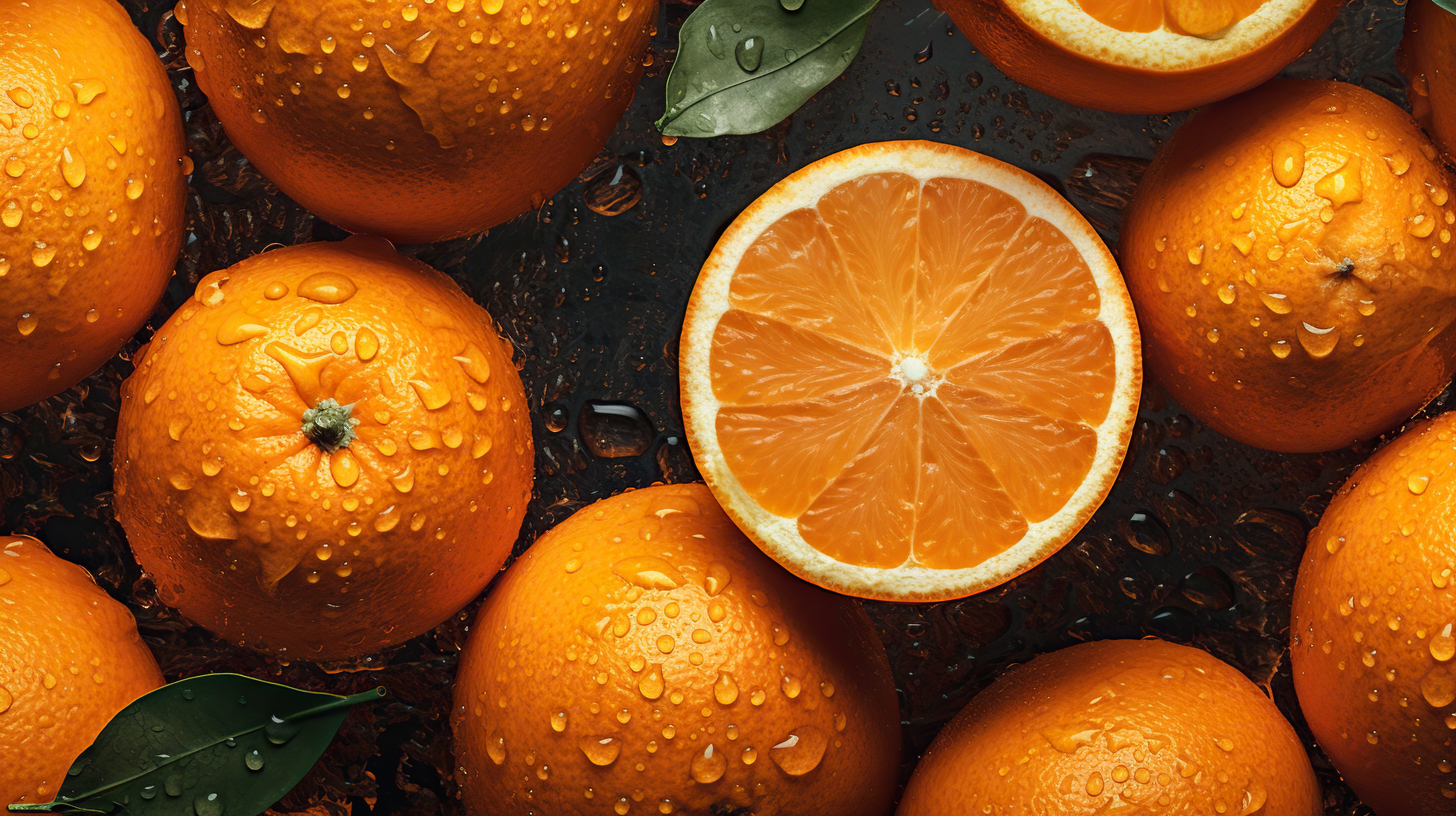 Fresh oranges with droplets on dark background