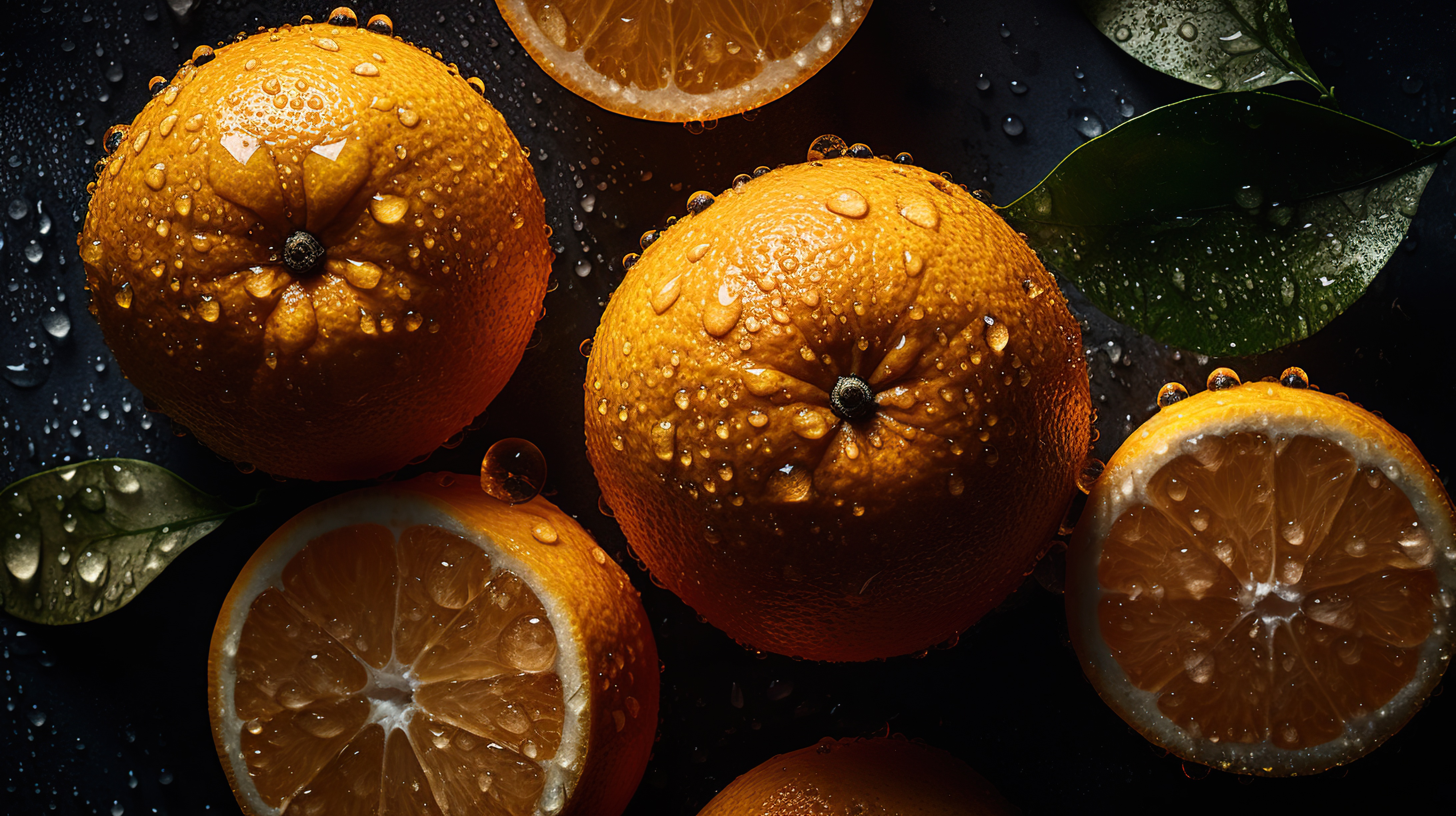 Fresh oranges with droplets on dark background