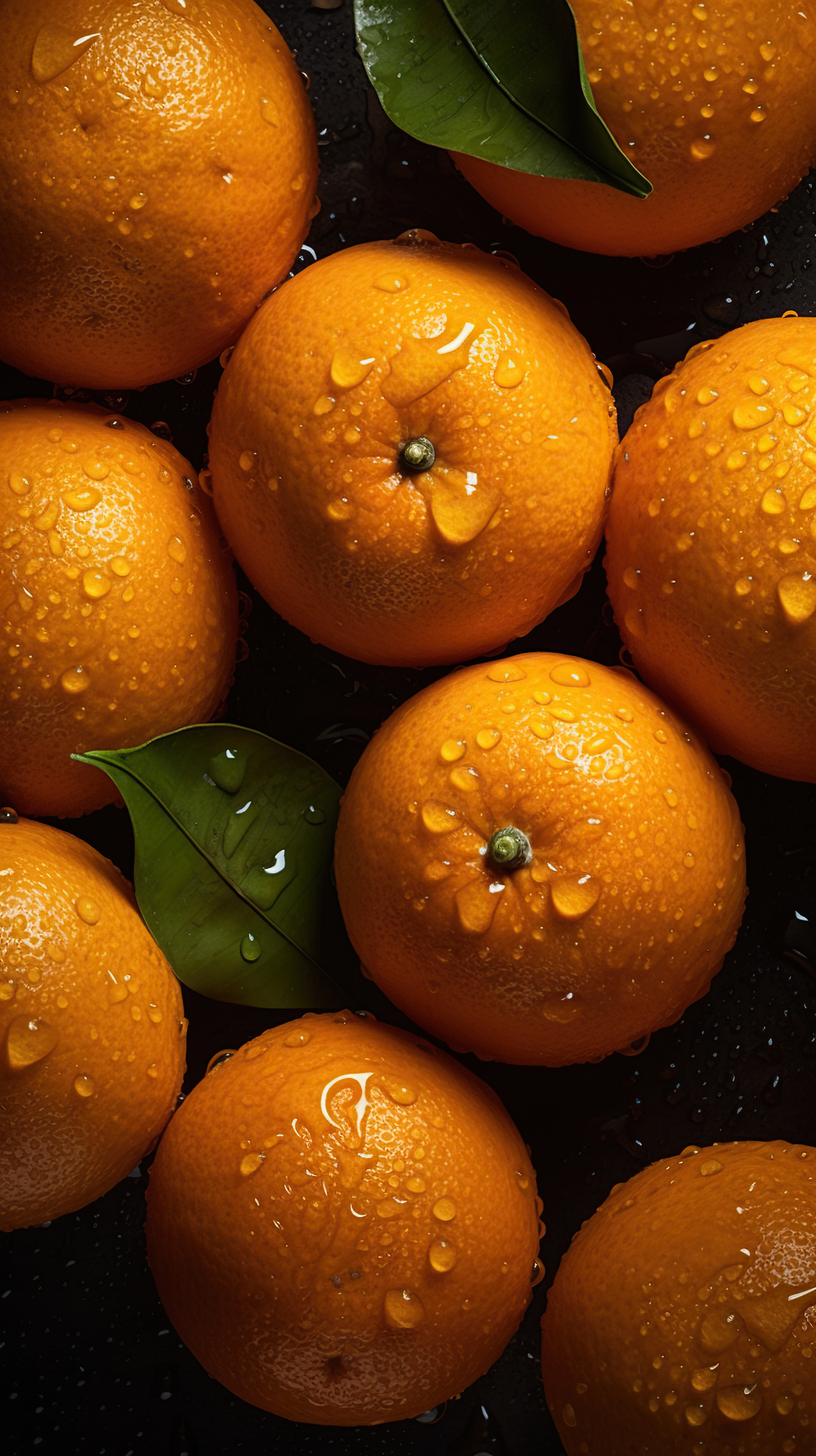 Fresh oranges with droplets on dark background