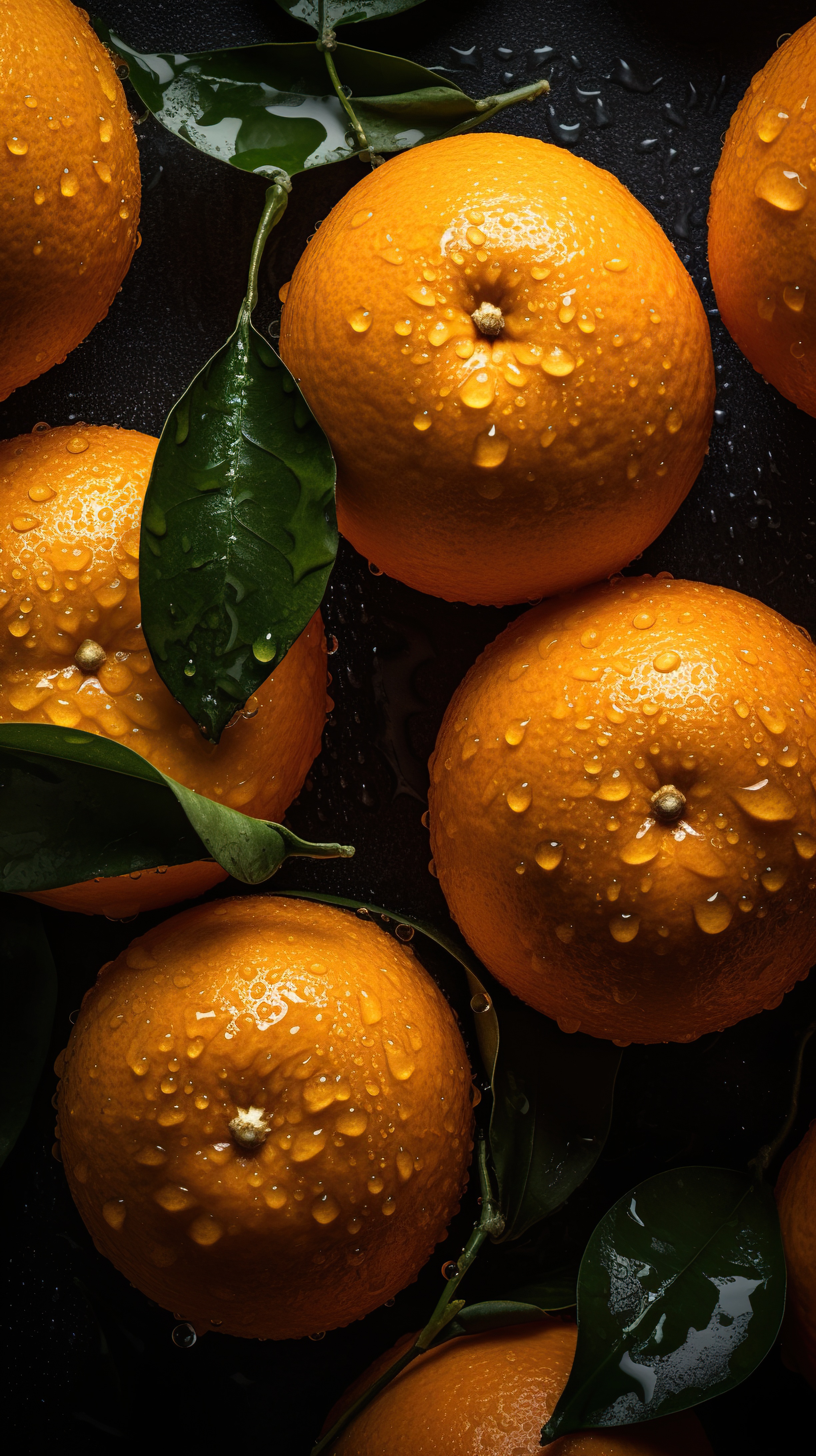 Fresh oranges with droplets on dark background