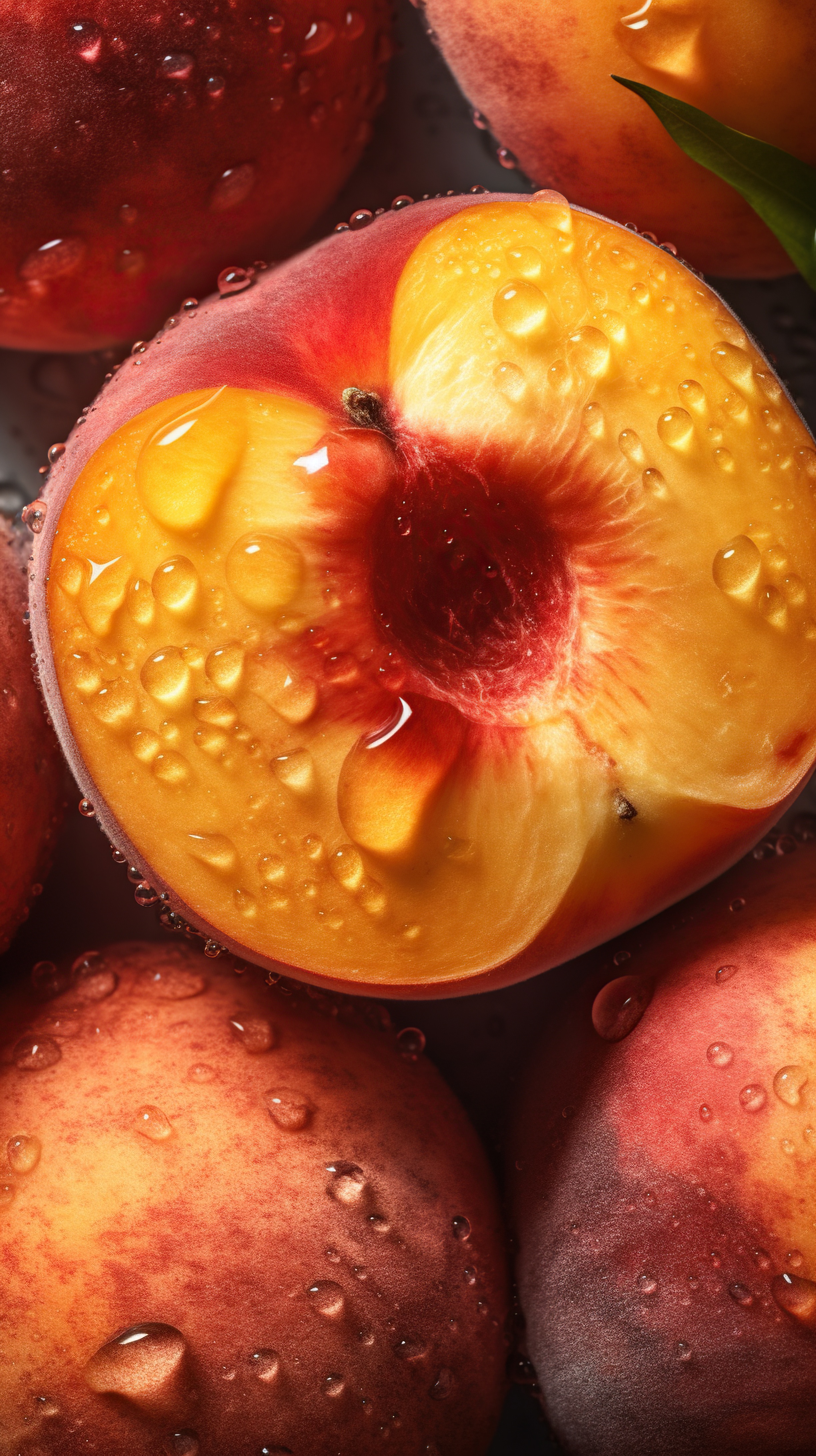 Fresh peaches with water droplets on dark background