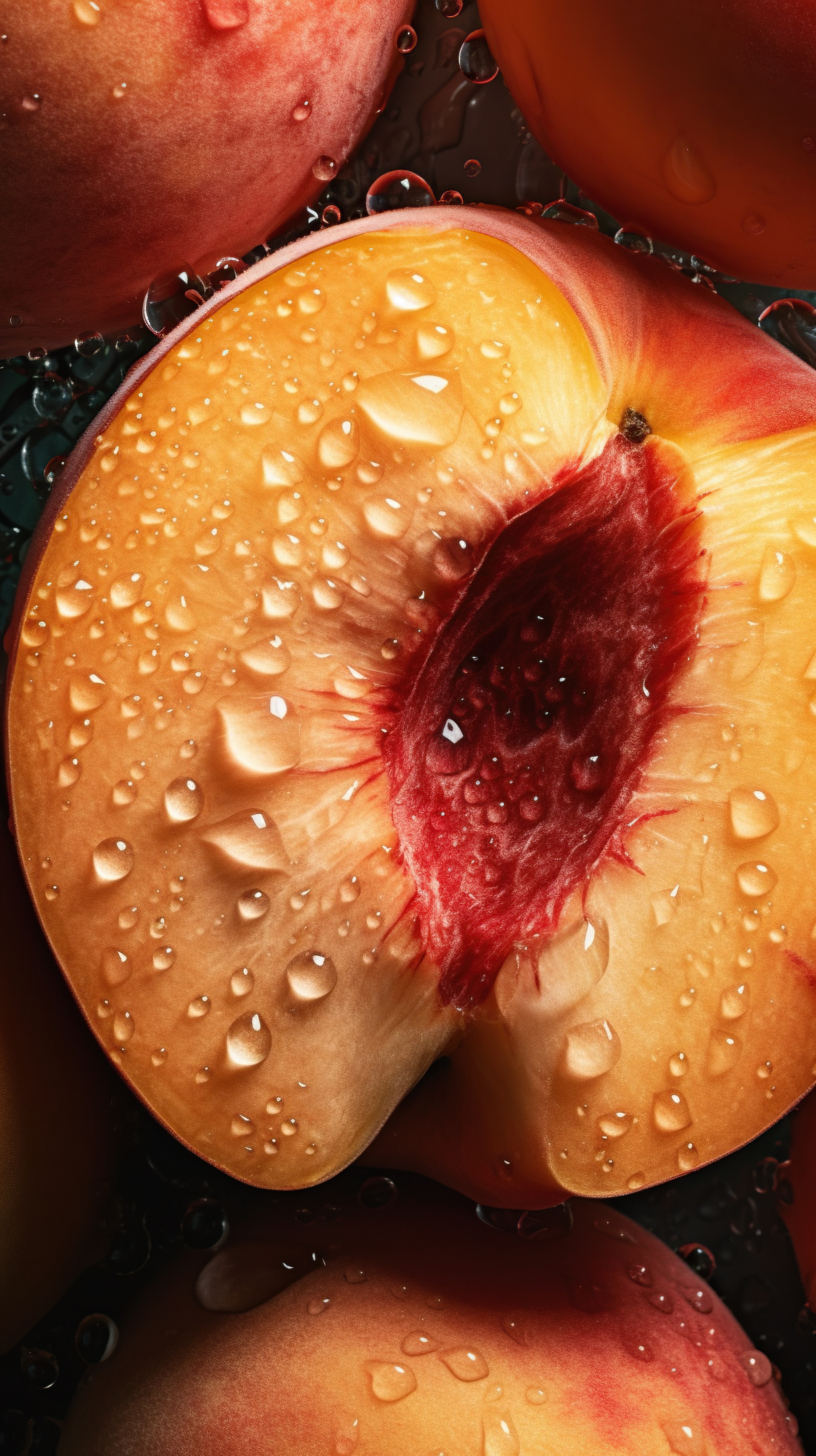 Fresh peaches with water droplets on dark background