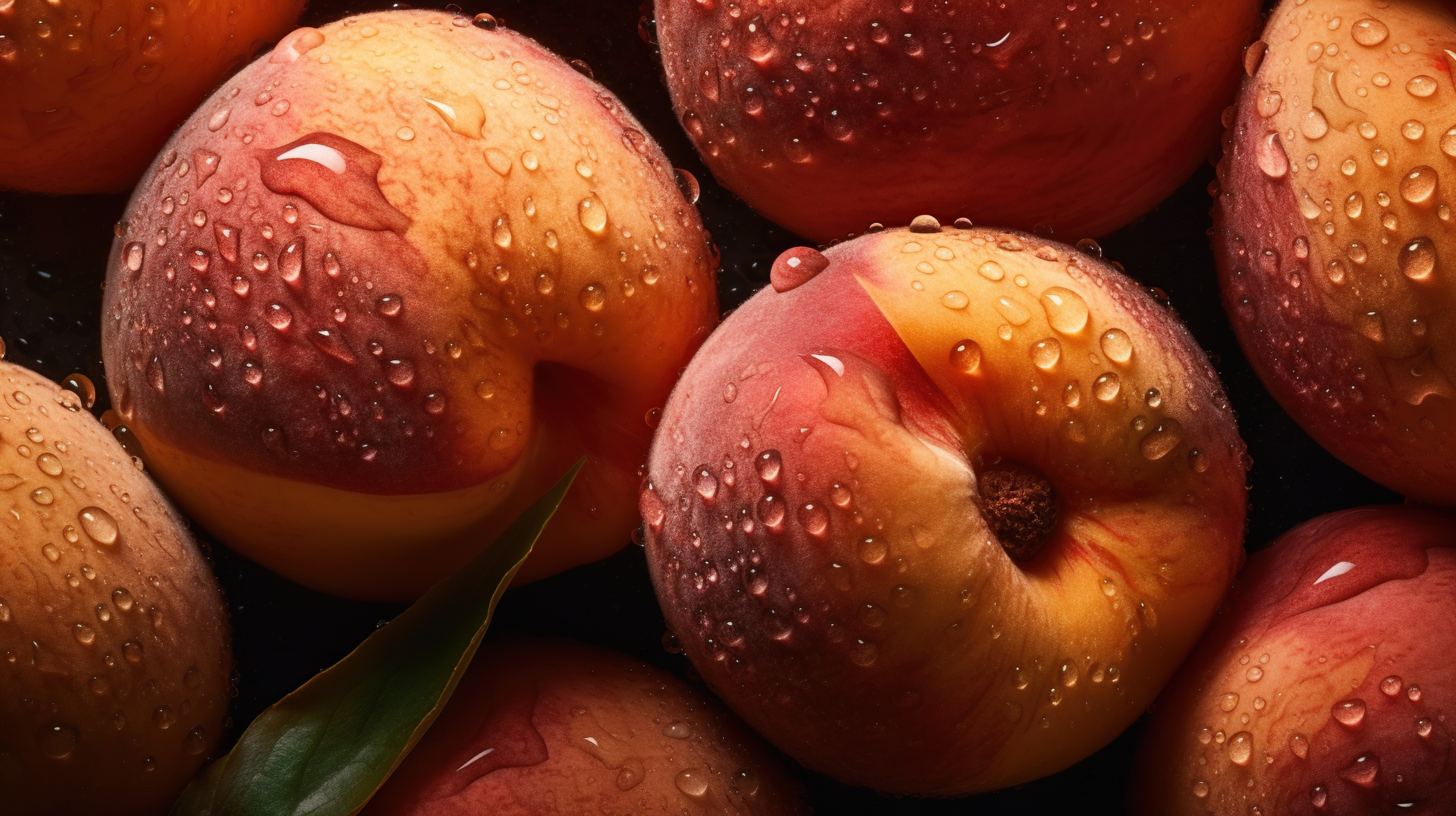 Fresh peaches with water droplets on dark background