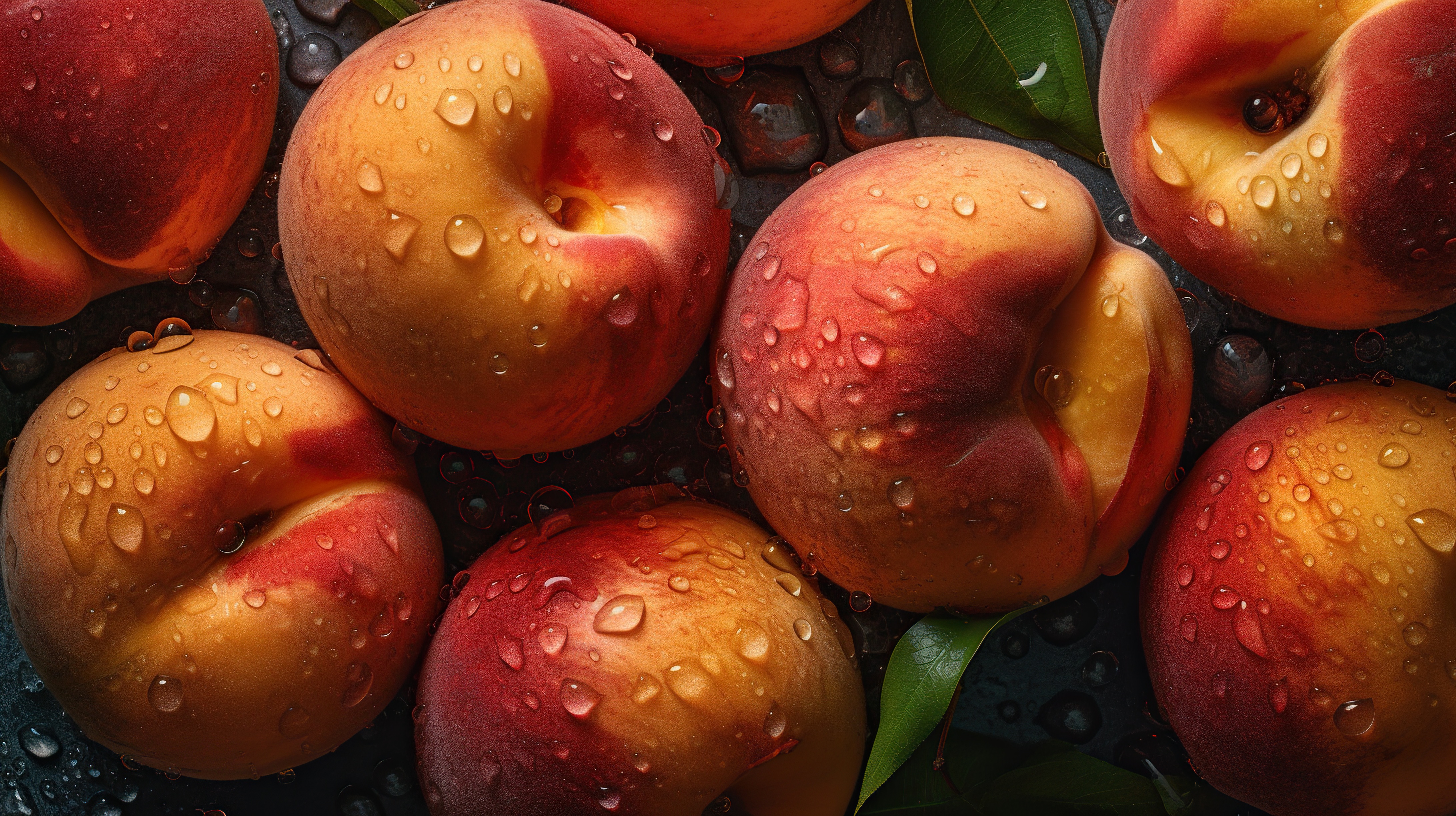 Fresh peaches with water droplets on dark background