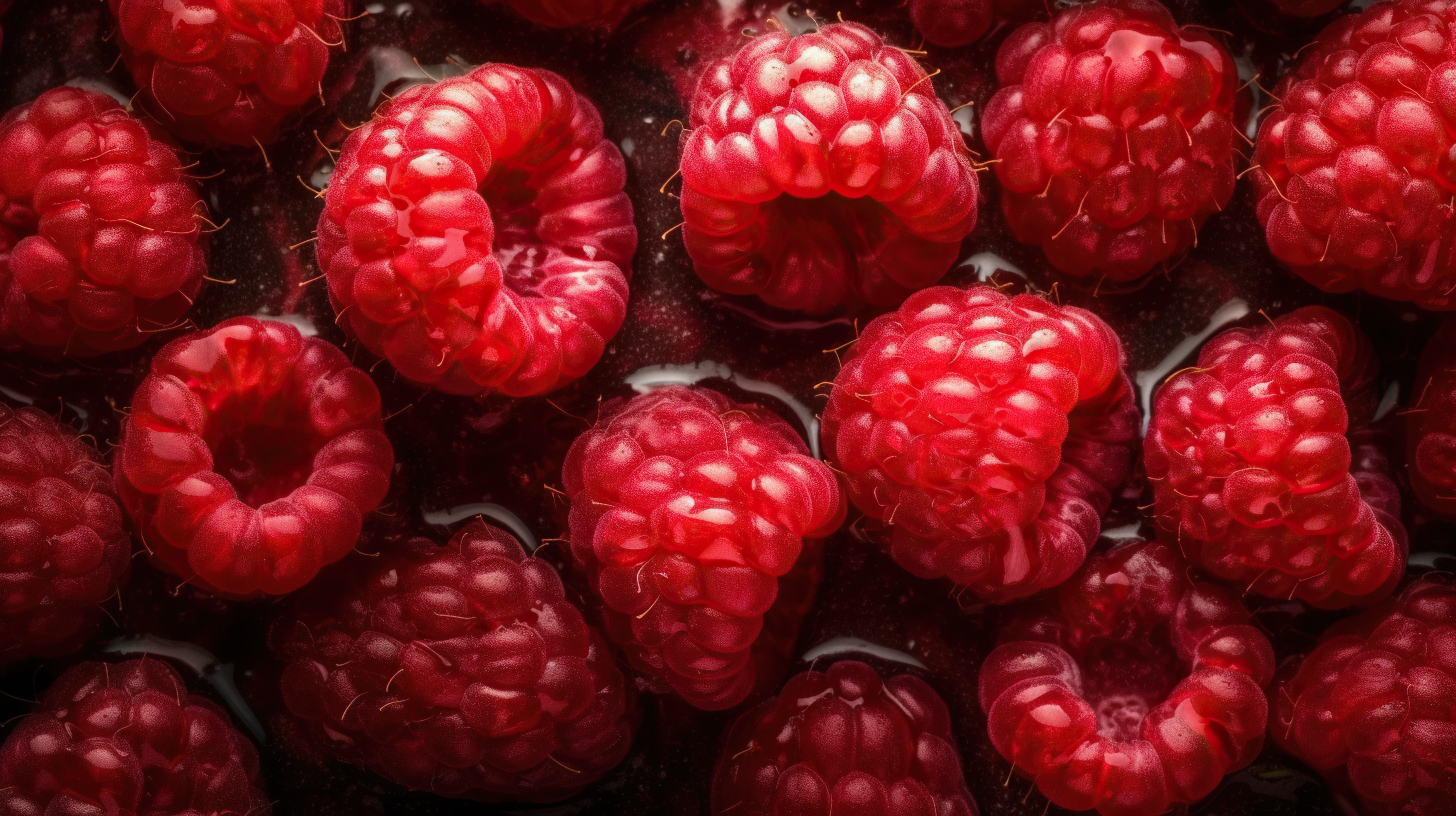 Fresh Raspberries with Water Droplets on Dark Background