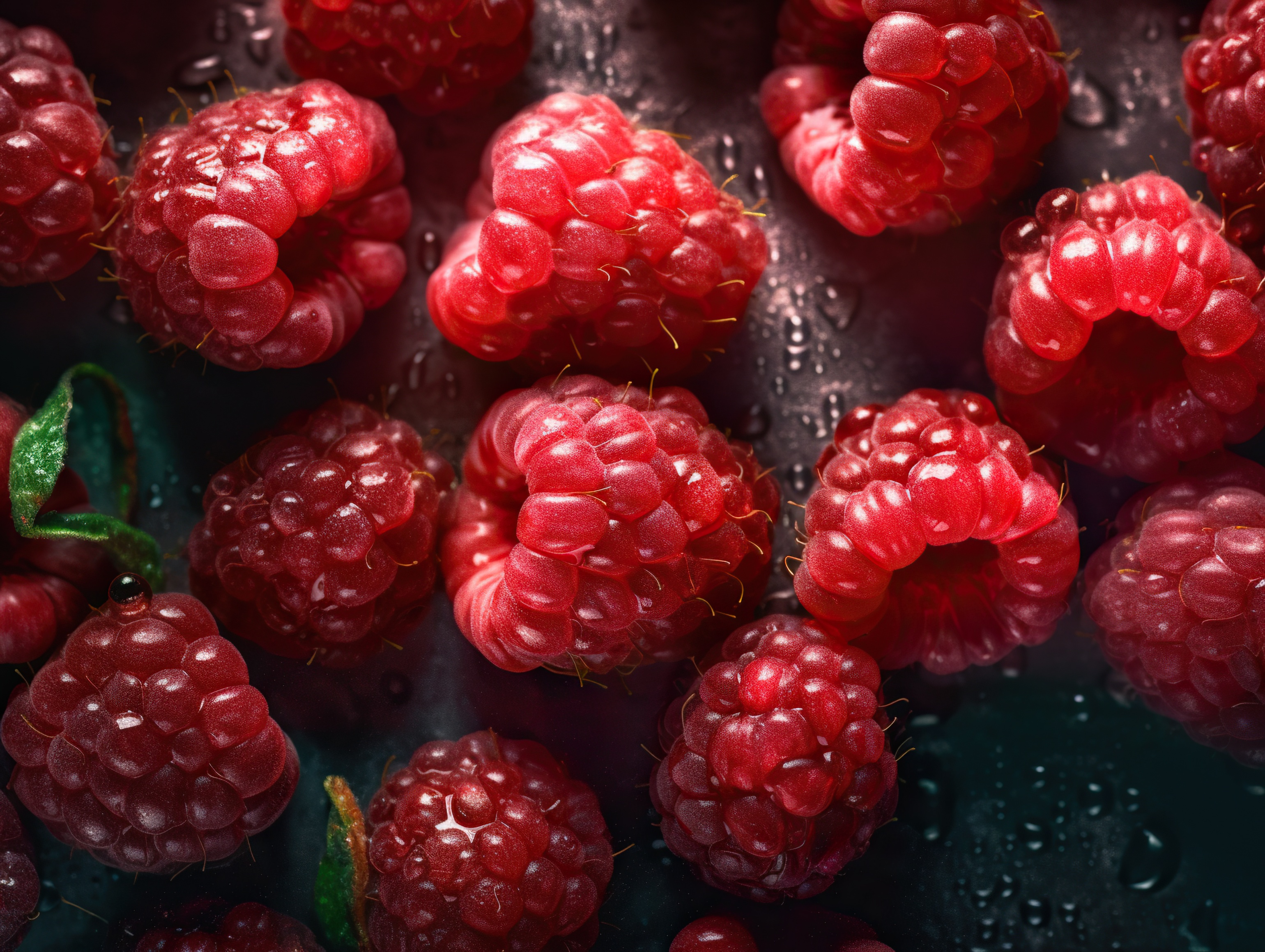 Fresh Raspberries with Water Droplets on Dark Background